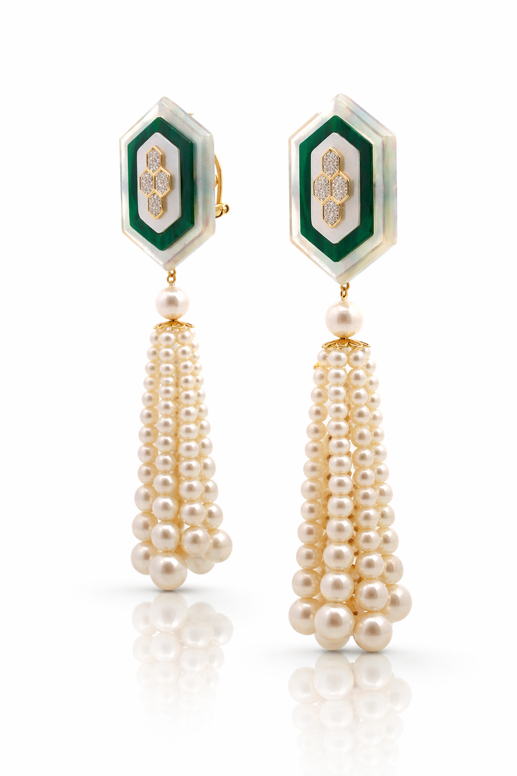 Malachite, Turquoise, Pearl and Diamond Earrings