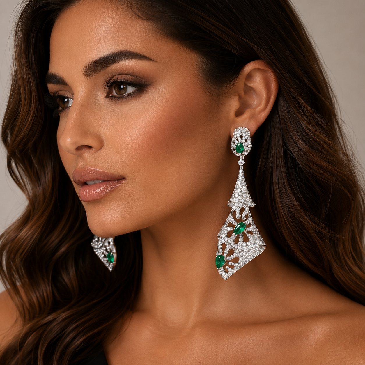 White Gold Diamond and Emerald Earrings
