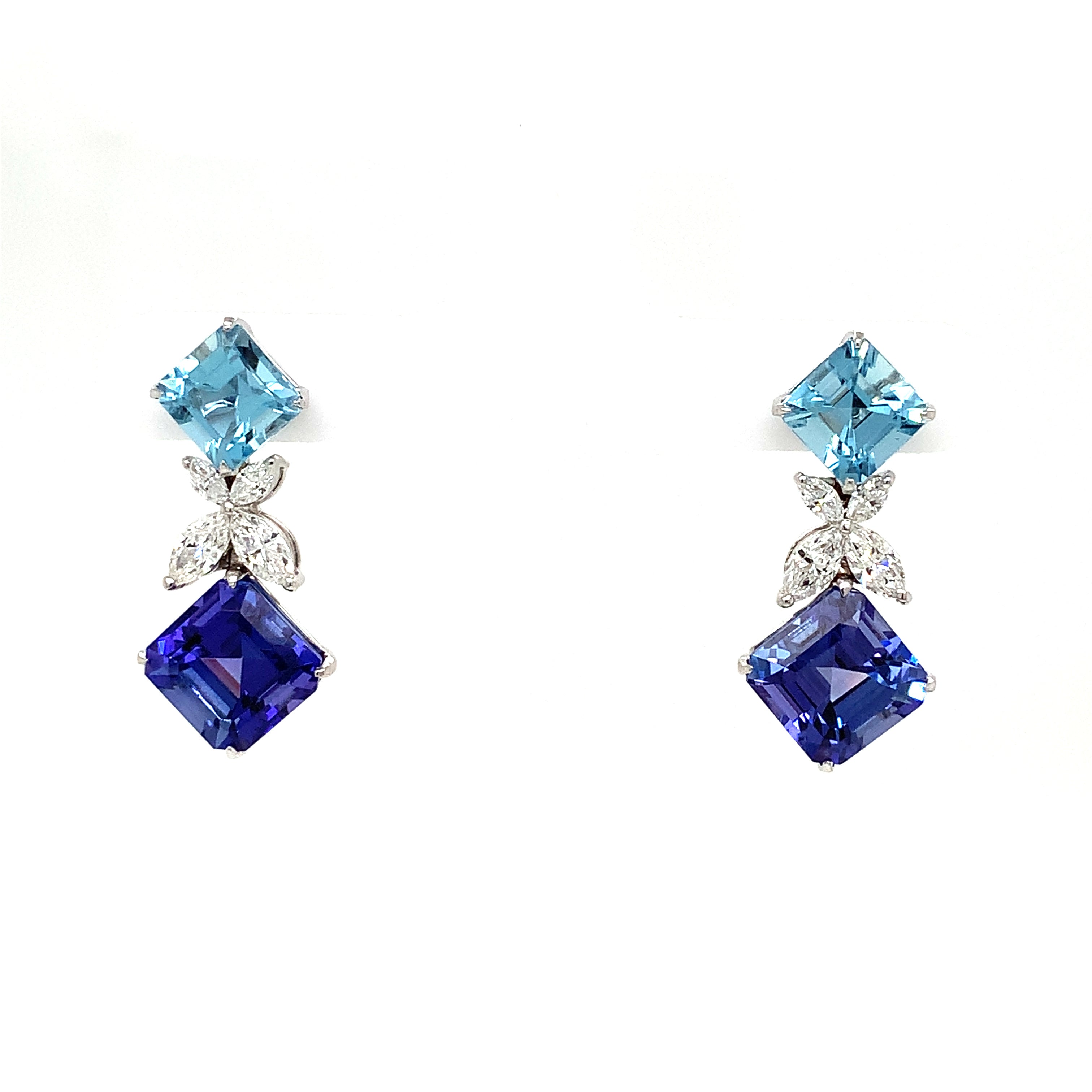 White Gold Drop Earrings with Aquamarine, Tanzanite Stones
