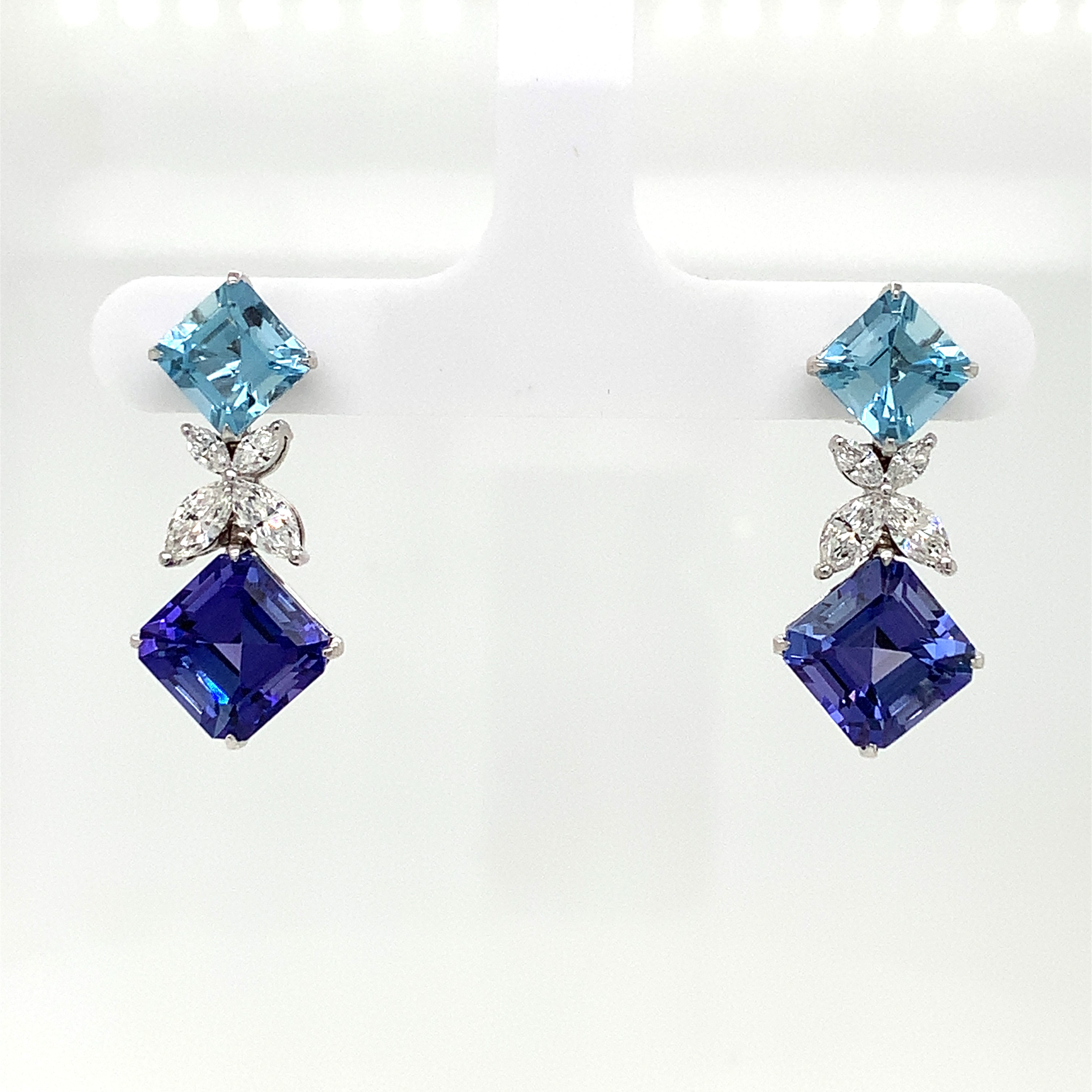 White Gold Drop Earrings with Aquamarine, Tanzanite Stones