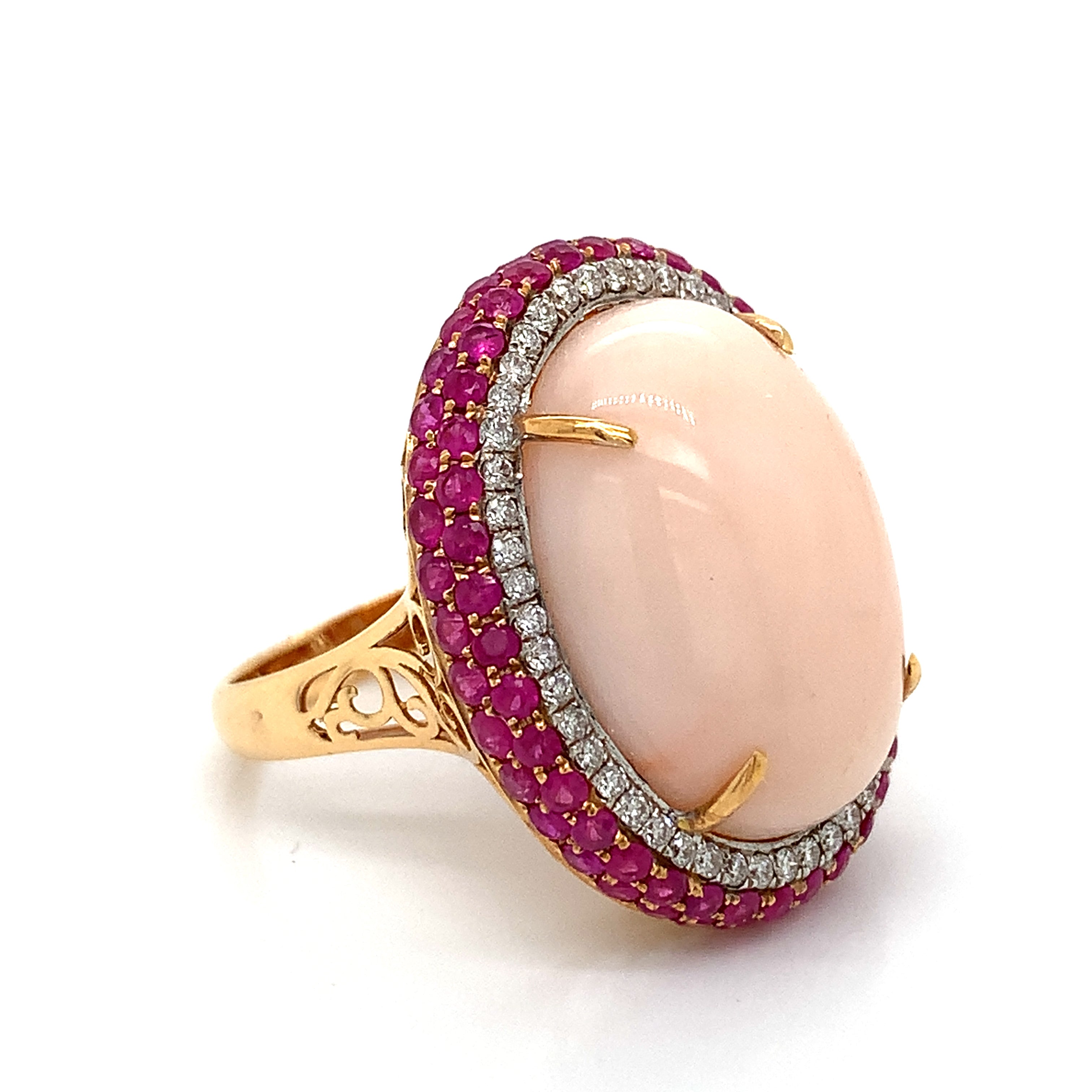 Yellow Gold Ring with Coral, Diamond, Ruby Stones