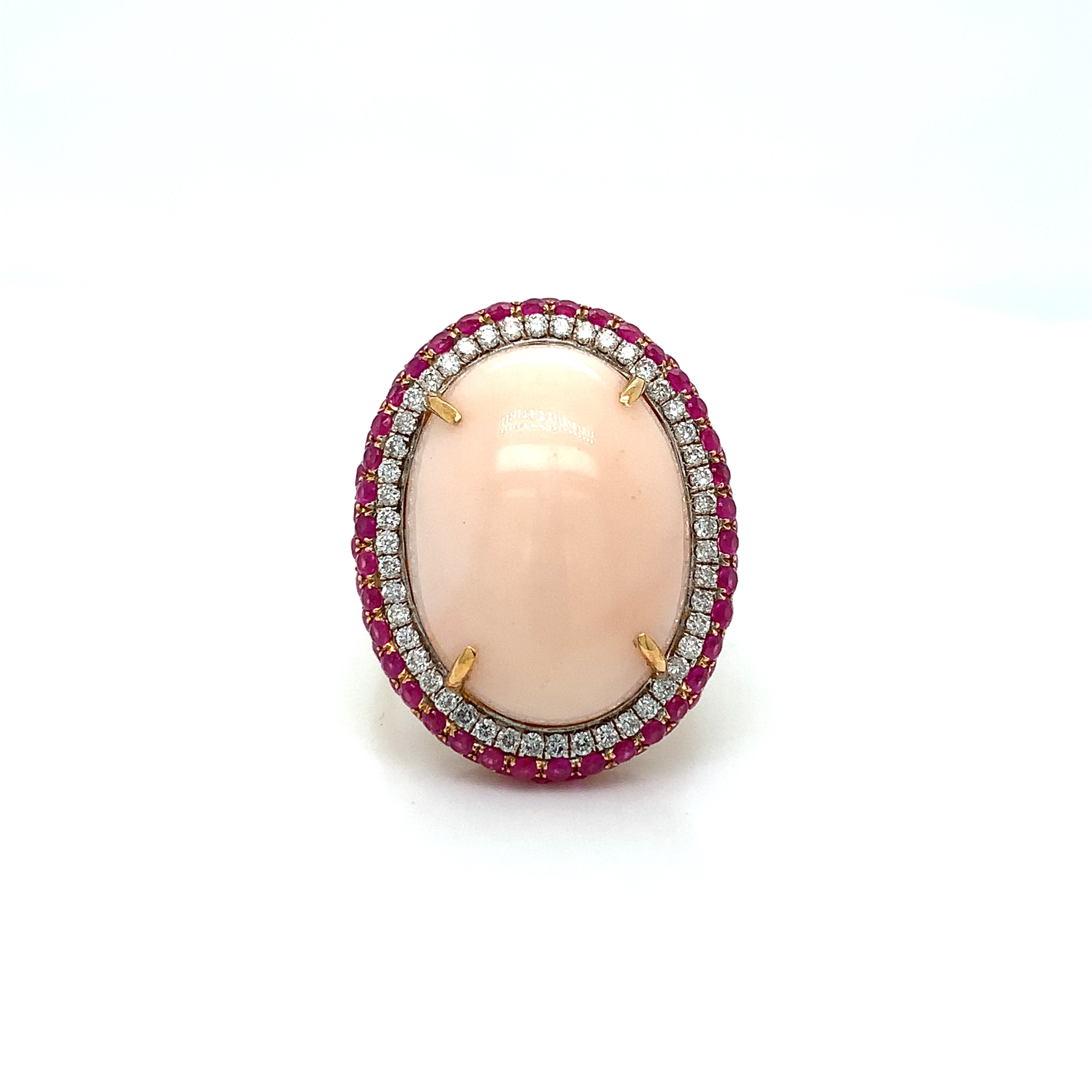 Yellow Gold Ring with Coral, Diamond, Ruby Stones