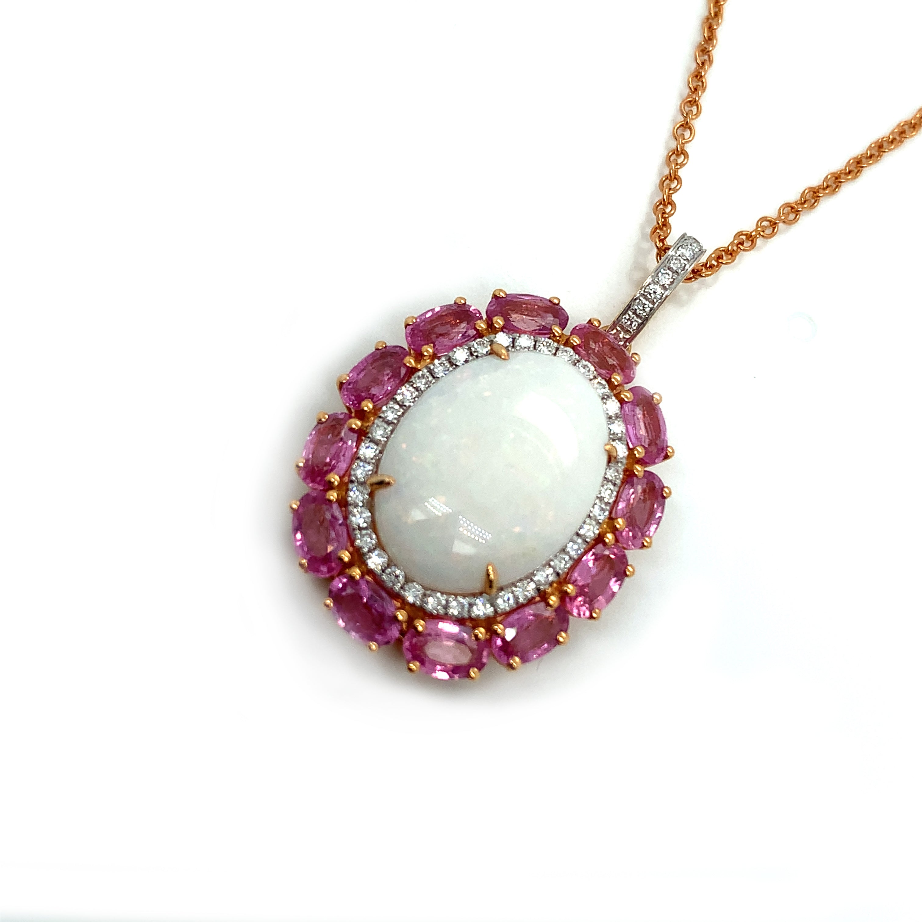 Rose Gold Pendant Necklace with Diamond, Opal, Sapphire Stones
