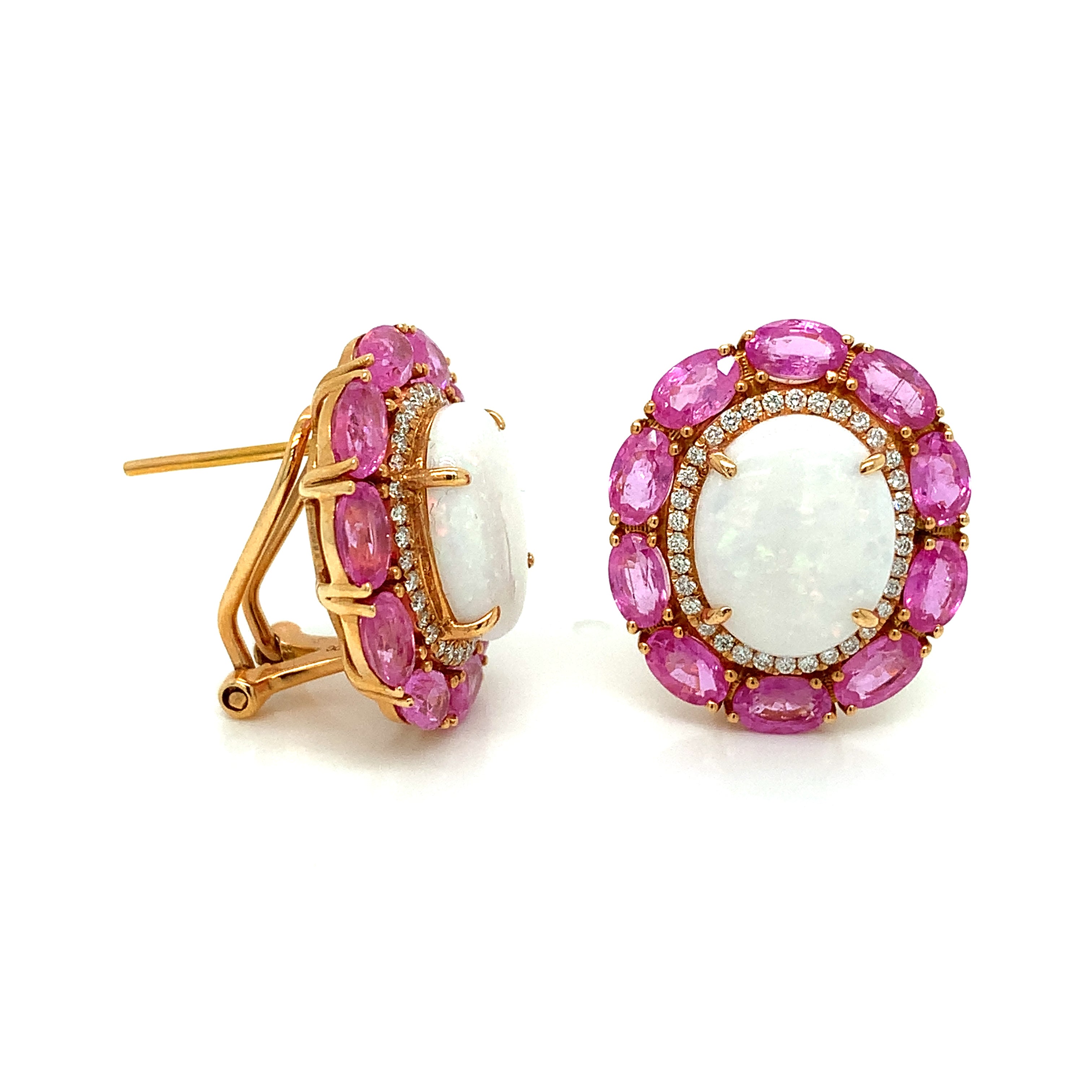 Rose Gold Stud Earrings with Diamond, Opal, Sapphire Stones