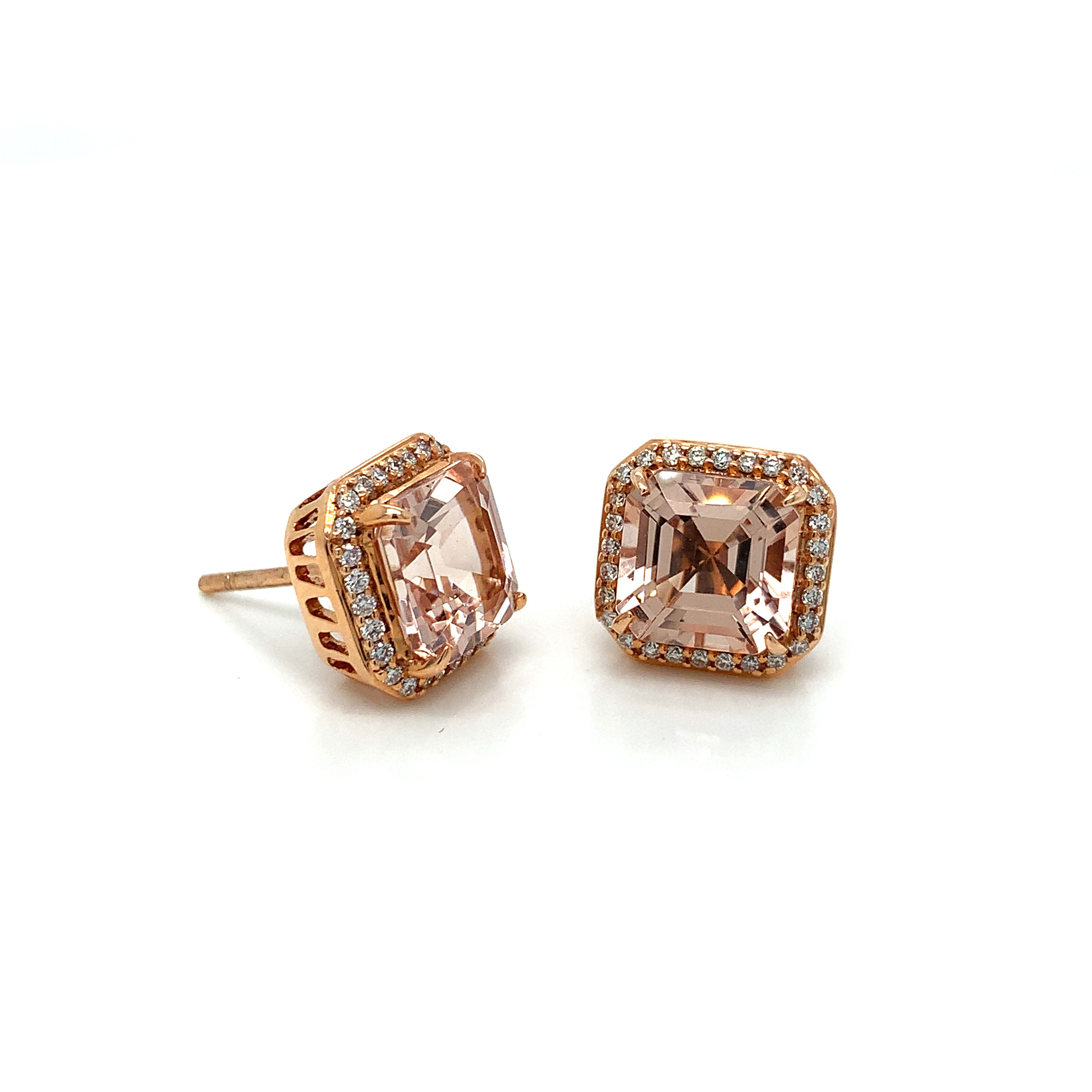 Rose Gold Stud Earrings with Diamond, Morganite Stones