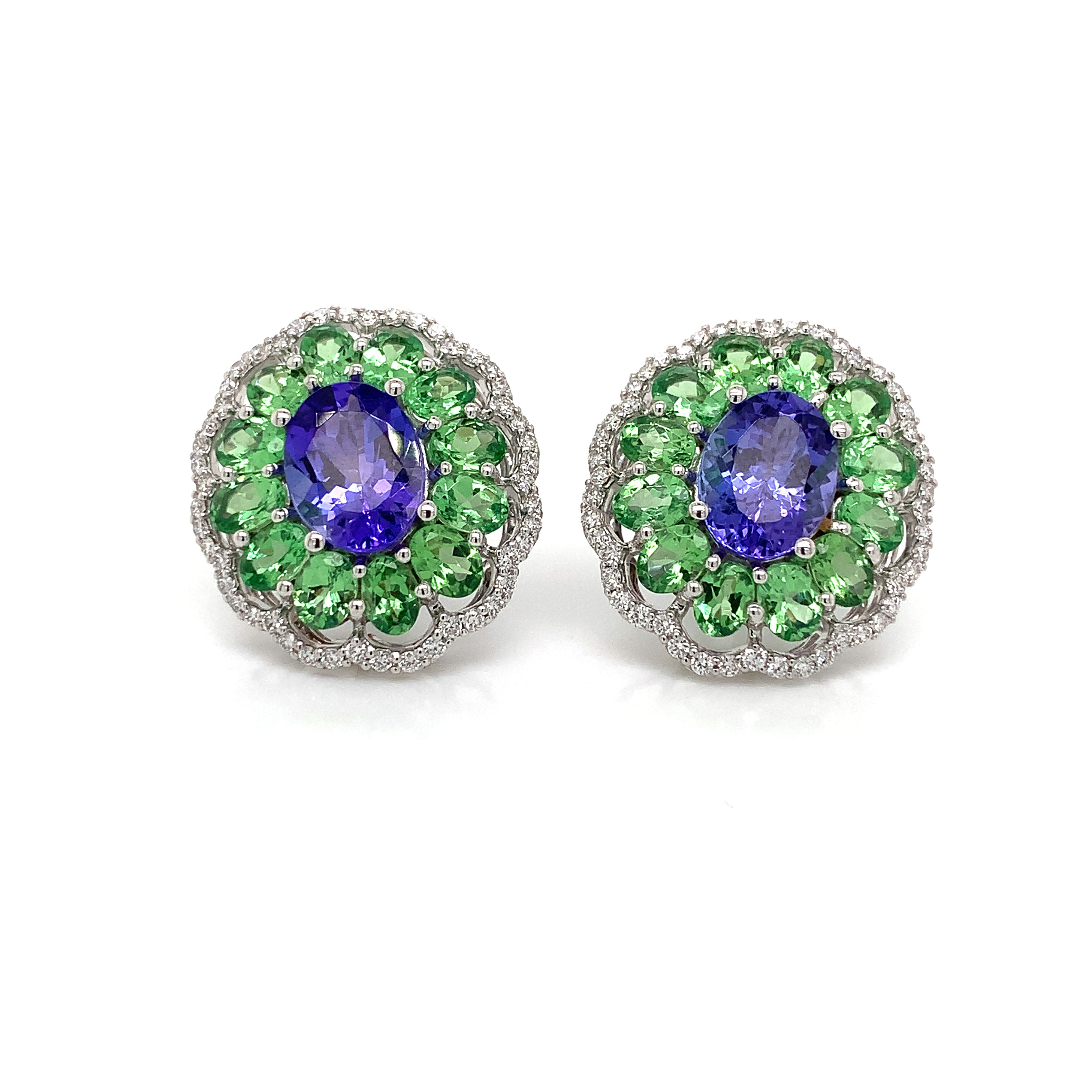 White Gold Stud Earrings with Diamond, Tanzanite, Tsavorite Stones