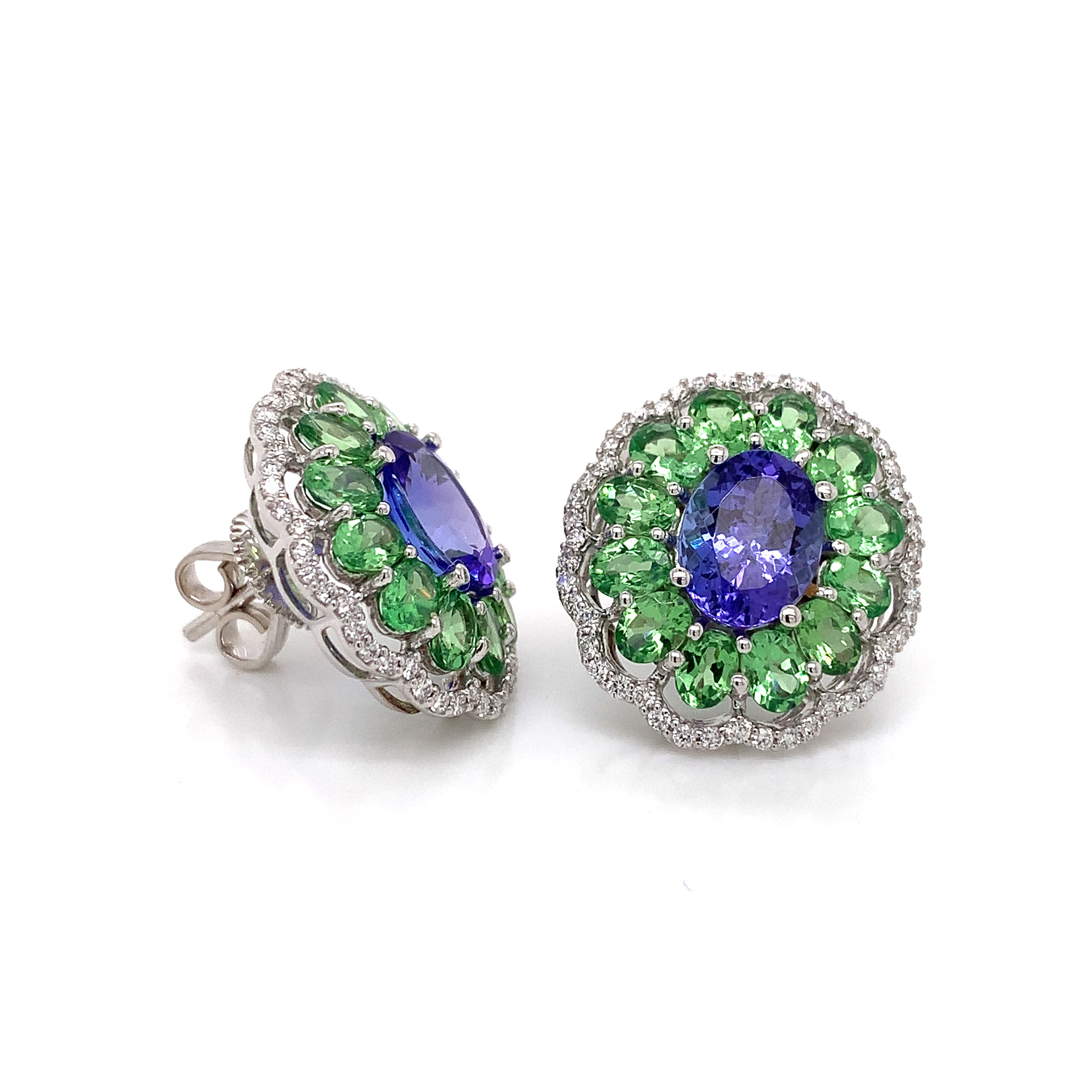 White Gold Stud Earrings with Diamond, Tanzanite, Tsavorite Stones