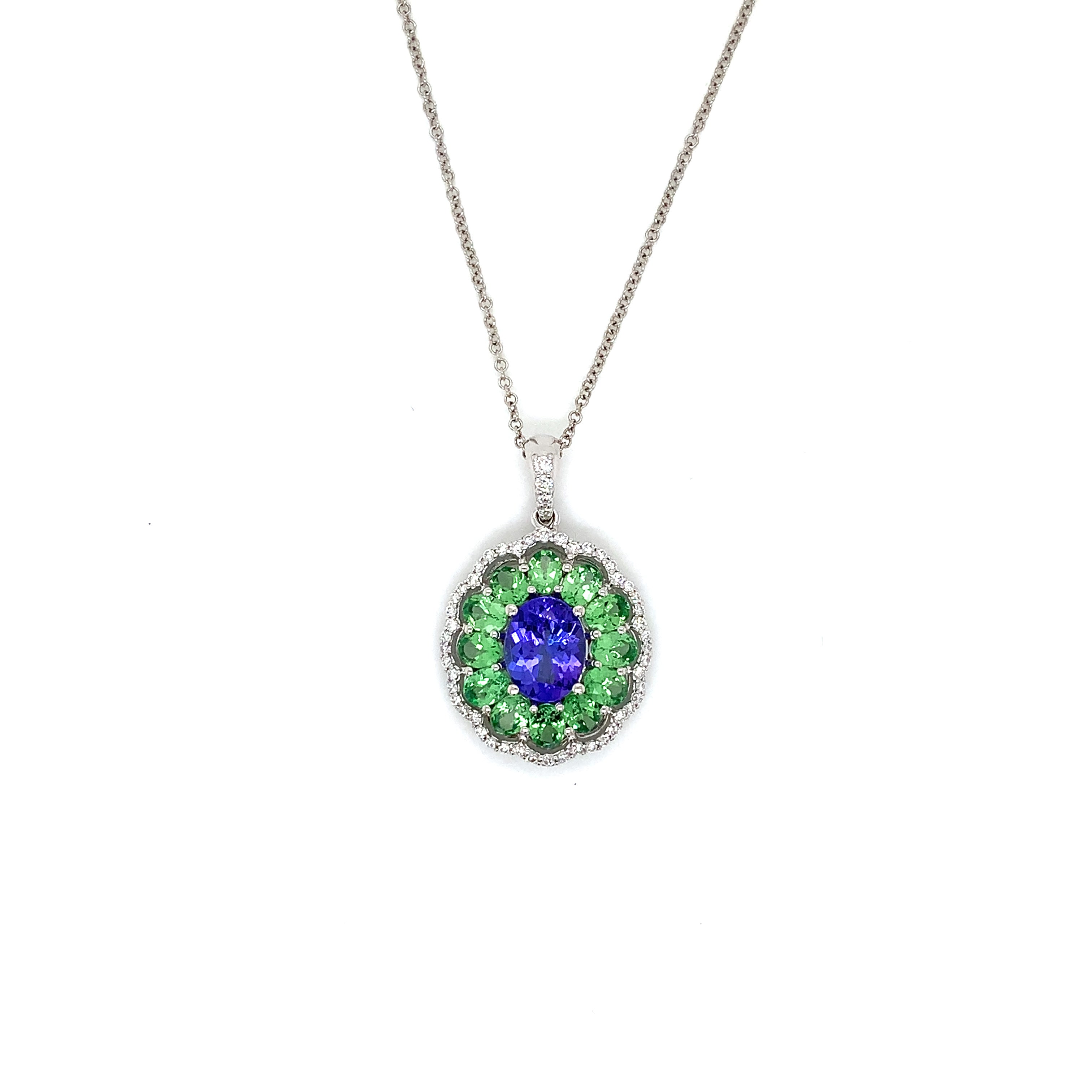 White Gold Pendant Necklace with Diamond, Tanzanite, Tsavorite Stones