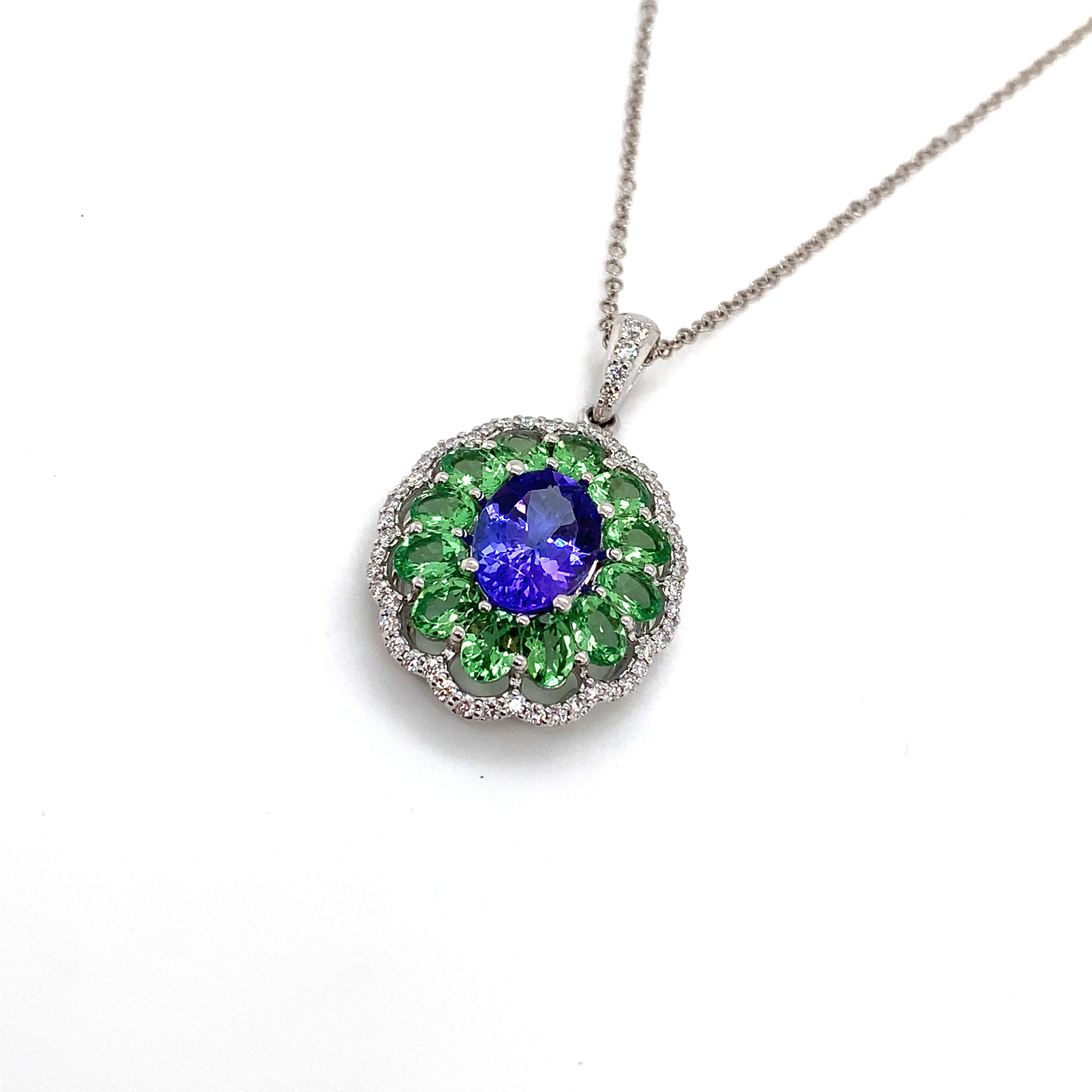 White Gold Pendant Necklace with Diamond, Tanzanite, Tsavorite Stones