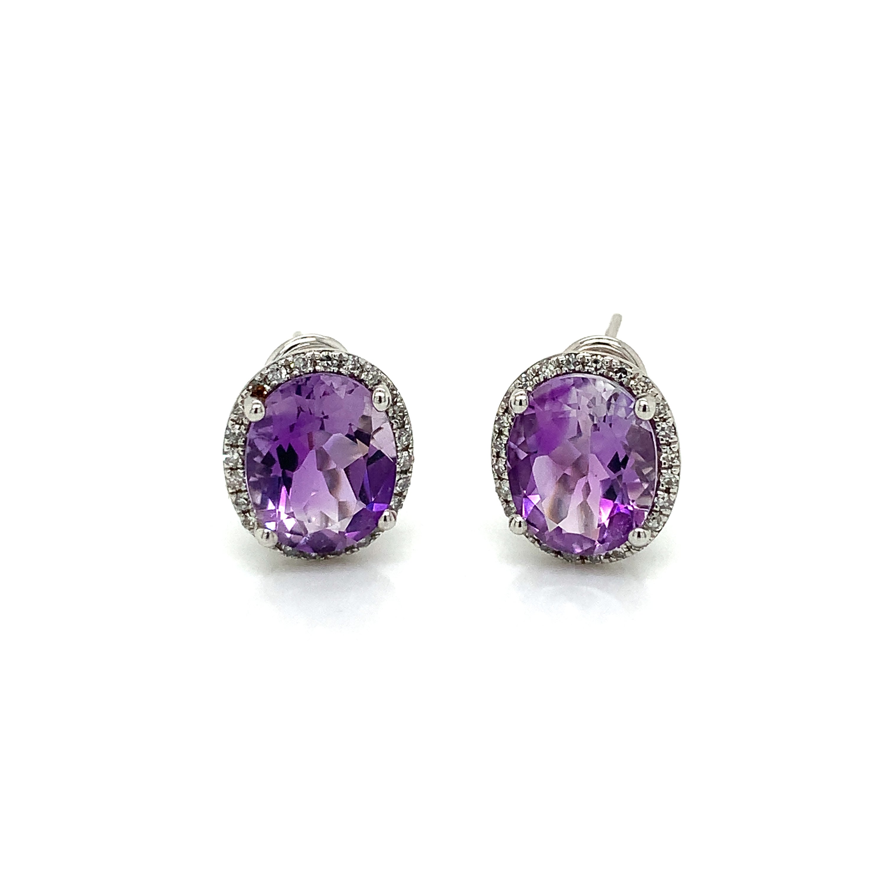 White Gold Stud Earrings with Amethyst, Diamond Stones