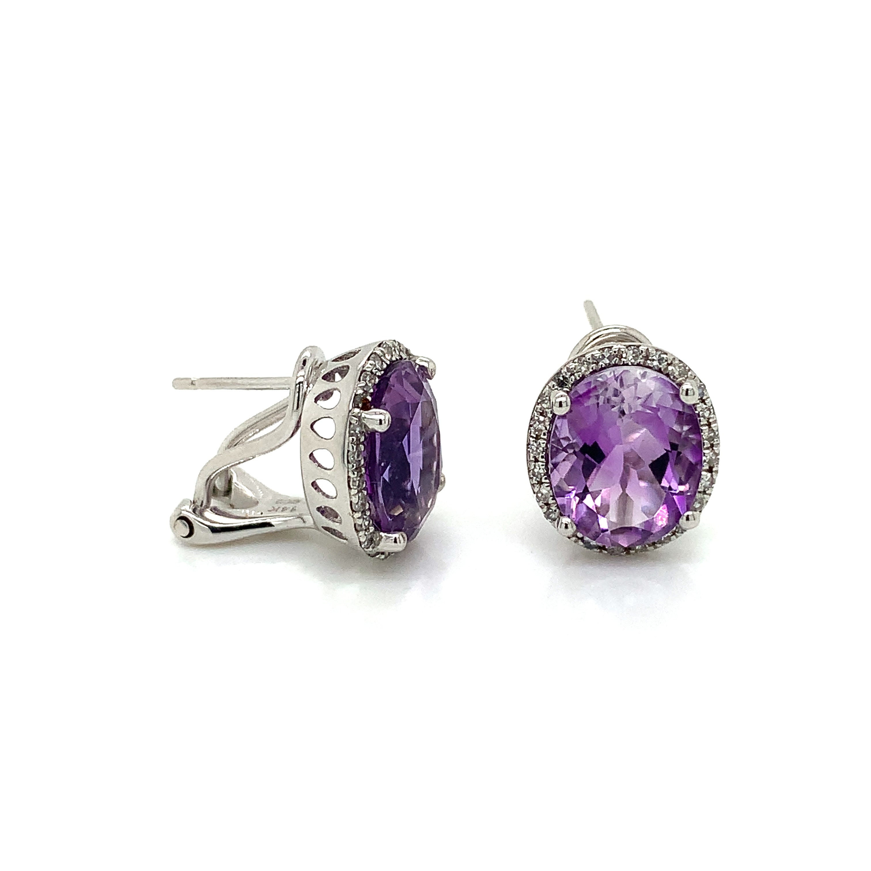 White Gold Stud Earrings with Amethyst, Diamond Stones