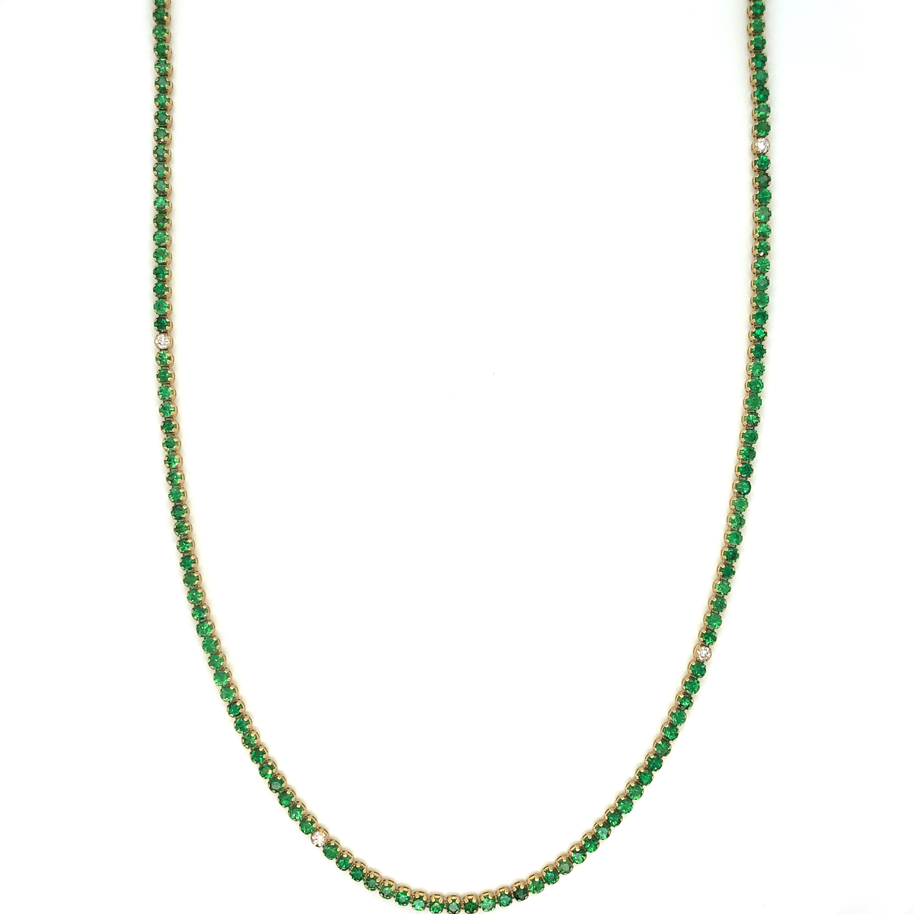 Yellow Gold Tennis Necklace with Diamond, Emerald Stones