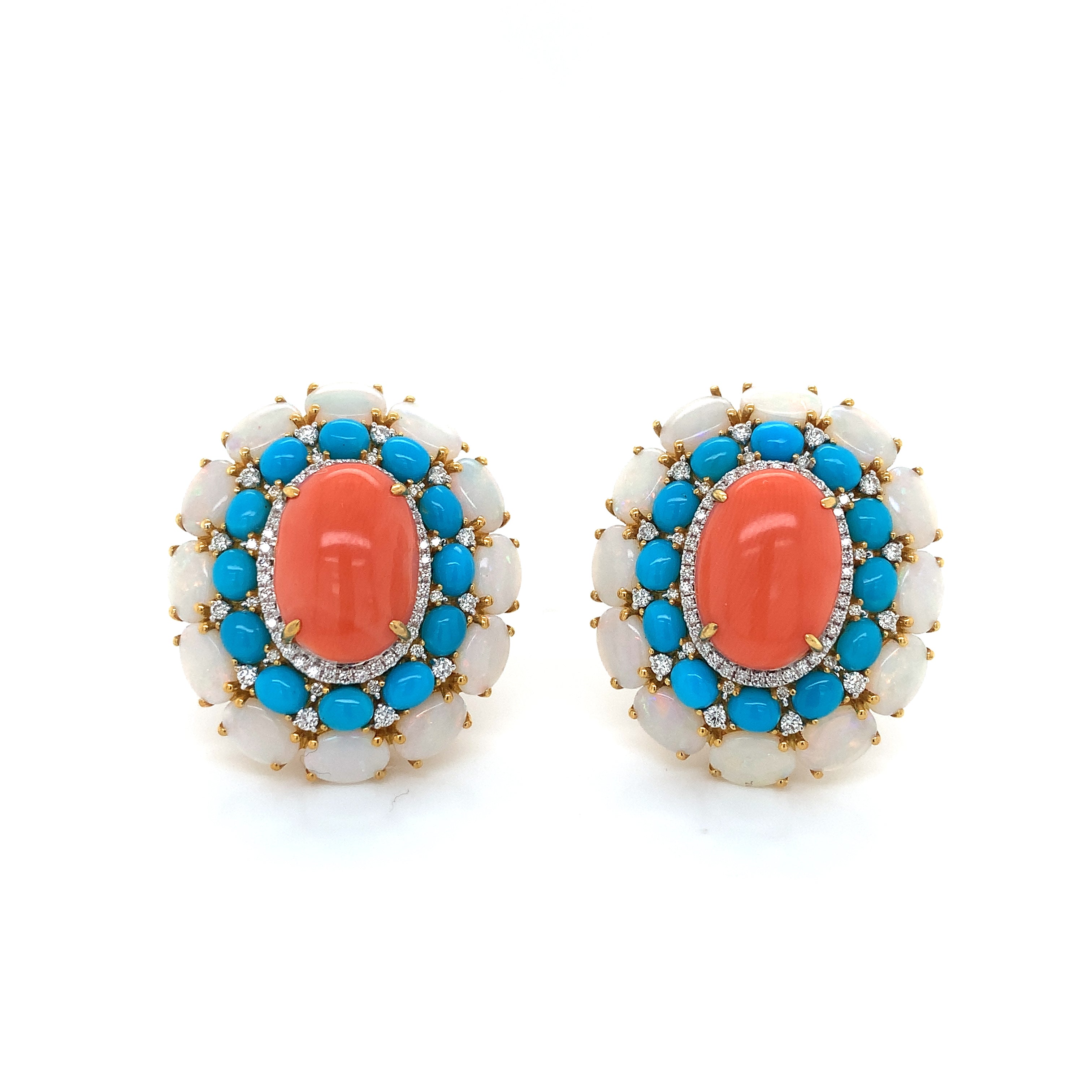 Yellow Gold Stud Earrings with Coral, Diamond, Opal, Turquoise Stones