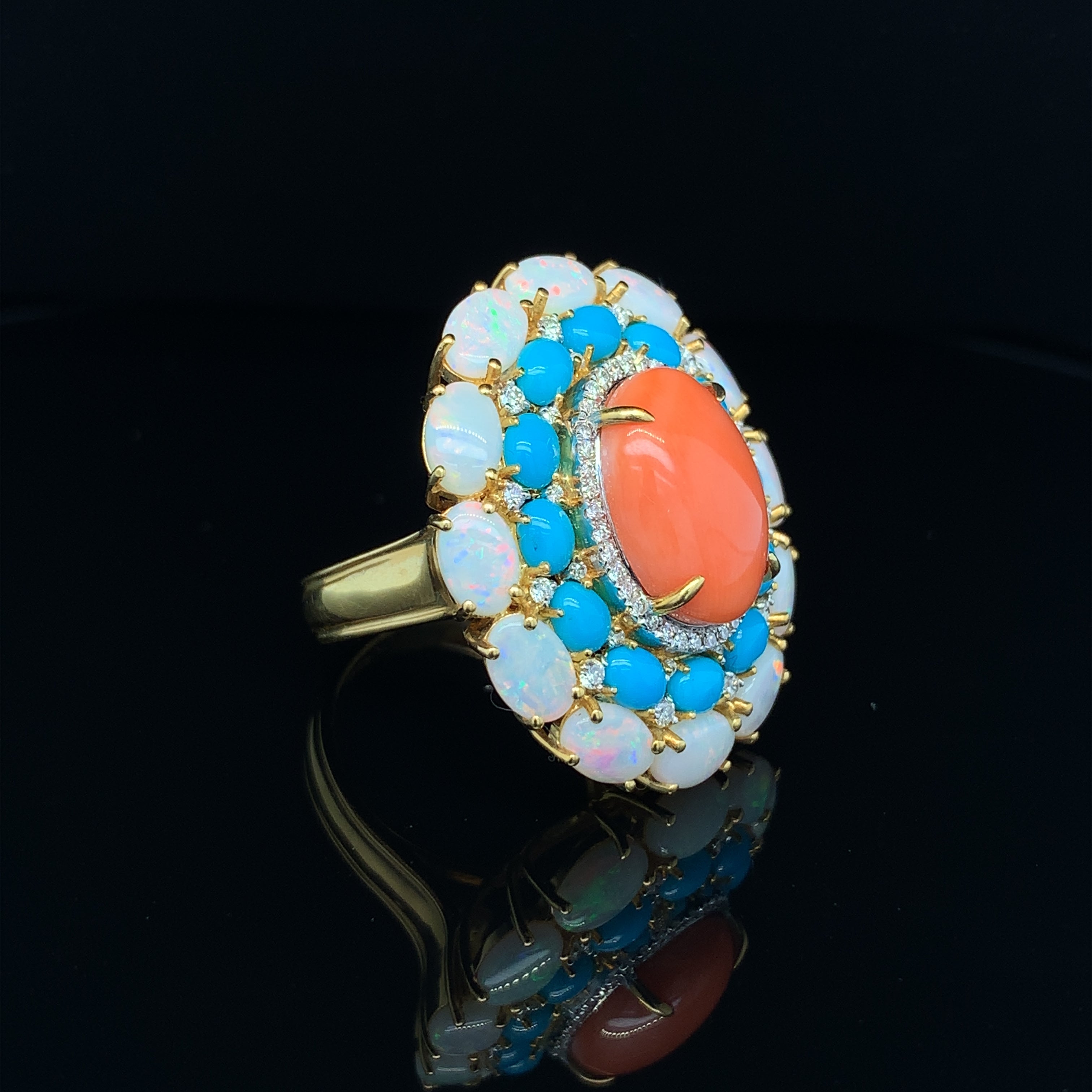 Yellow Gold Ring with Coral, Opal, Turquoise Stones