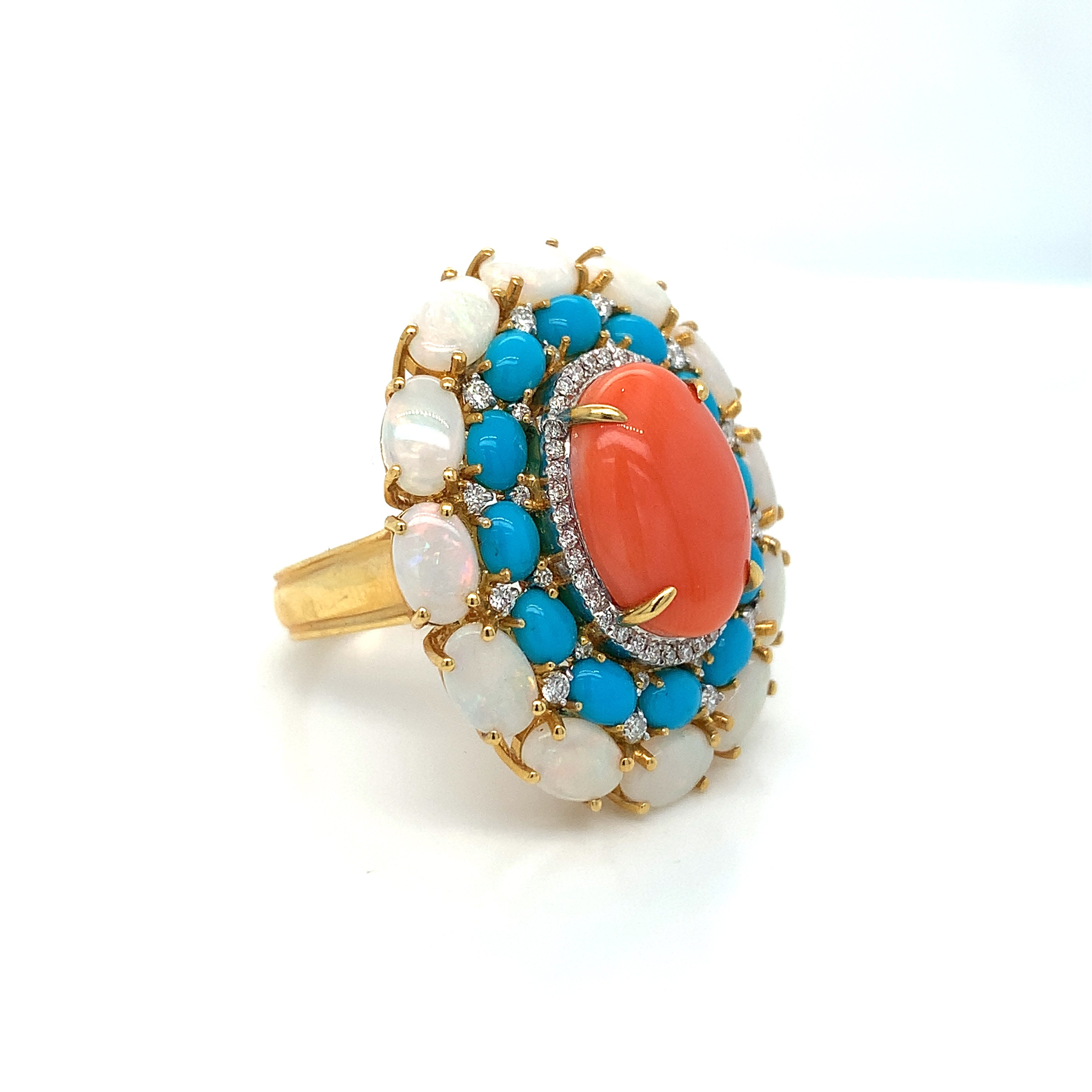 Yellow Gold Ring with Coral, Opal, Turquoise Stones