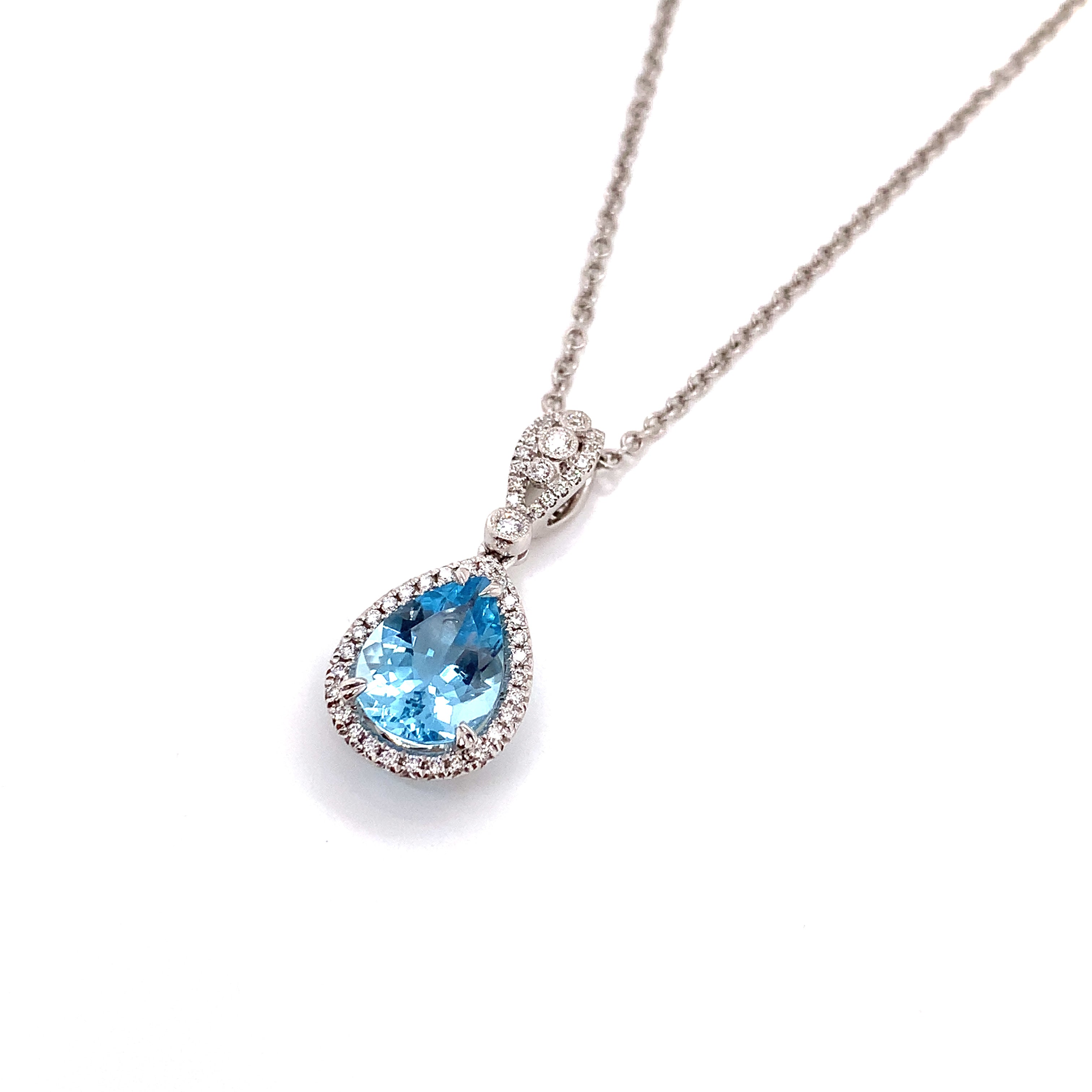 White Gold Pendant Necklace with Aquamarine, Diamond Stones