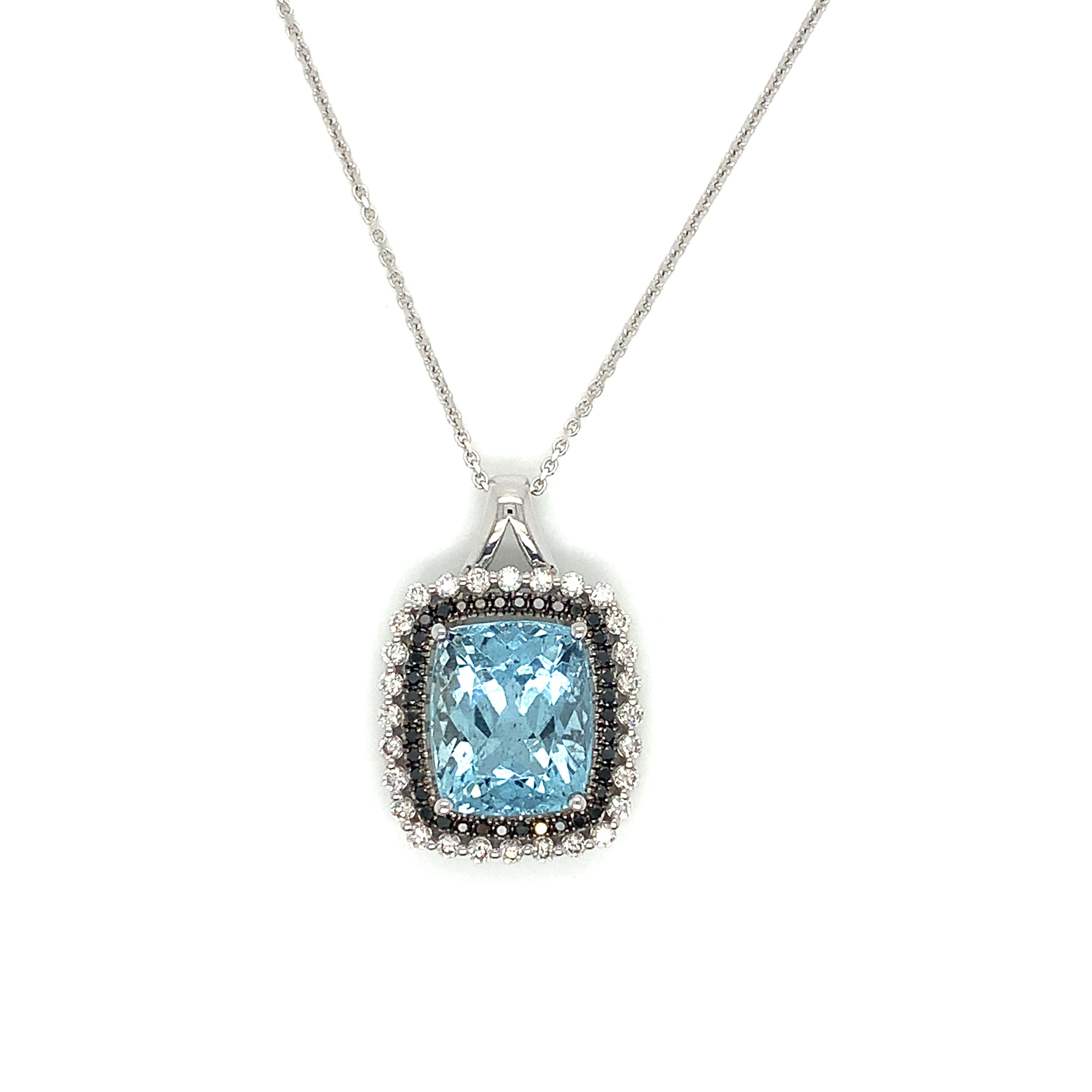 White Gold Pendant Necklace with Aquamarine, Diamond Stones