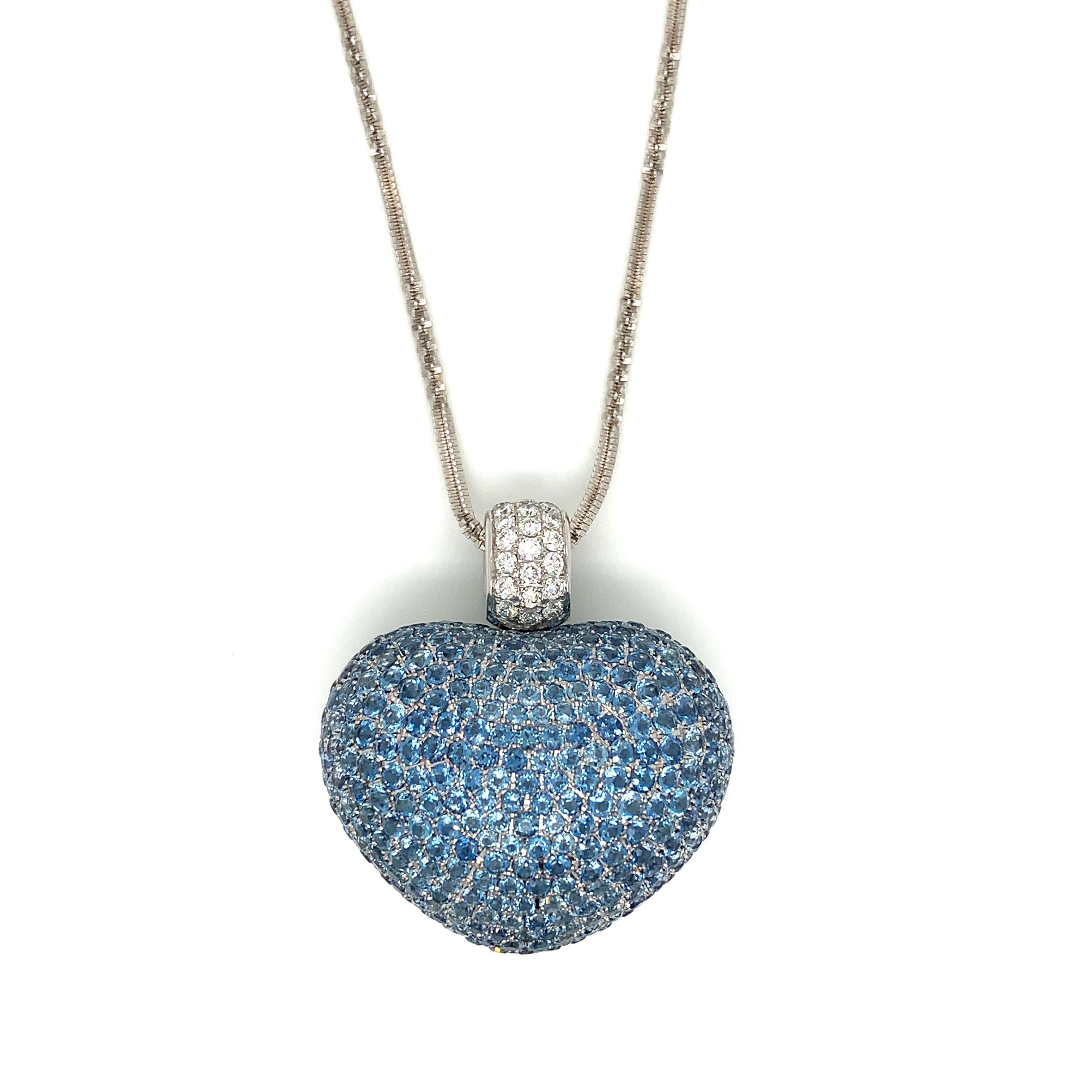 White Gold Pendant Necklace with Aquamarine, Diamond Stones
