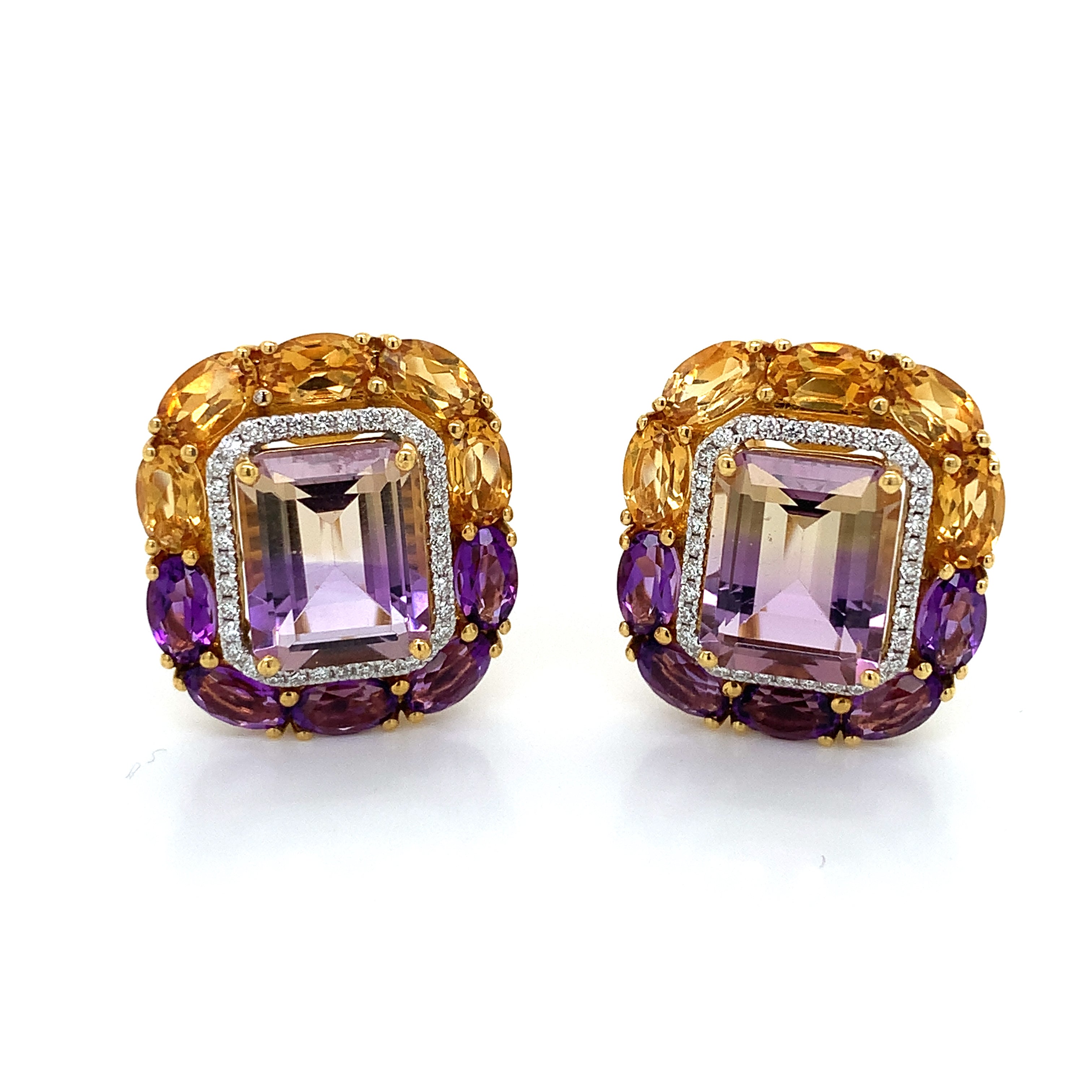 Yellow Gold Stud Earrings with Amethyst, Citrine Stones
