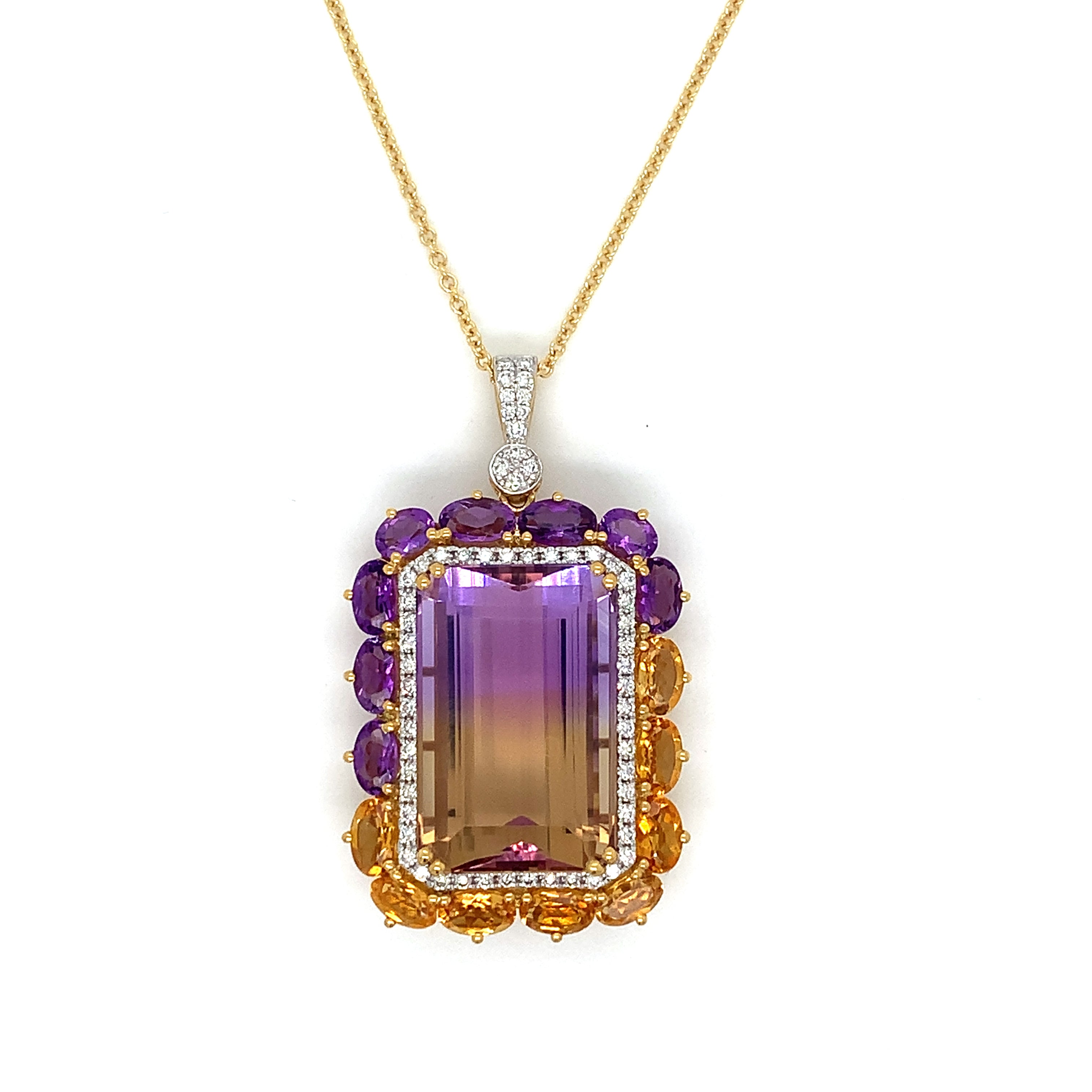 Yellow Gold Pendant Necklace with Amethyst, Citrine Stones