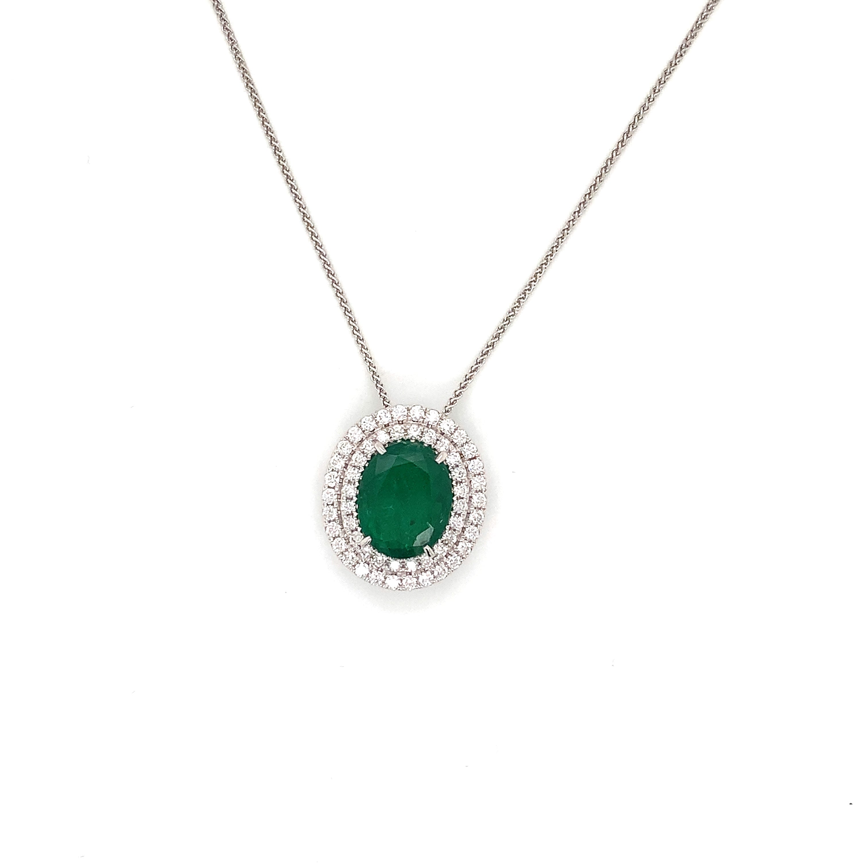 White Gold Pendant Necklace with Diamond, Emerald Stones