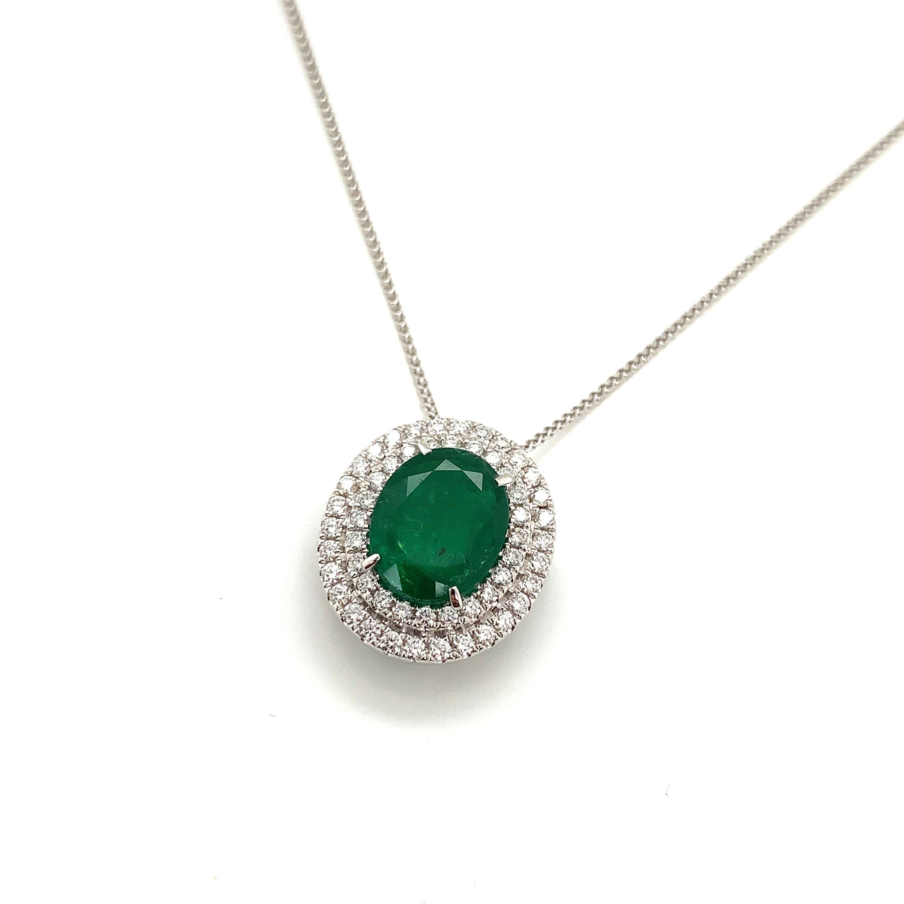 White Gold Pendant Necklace with Diamond, Emerald Stones