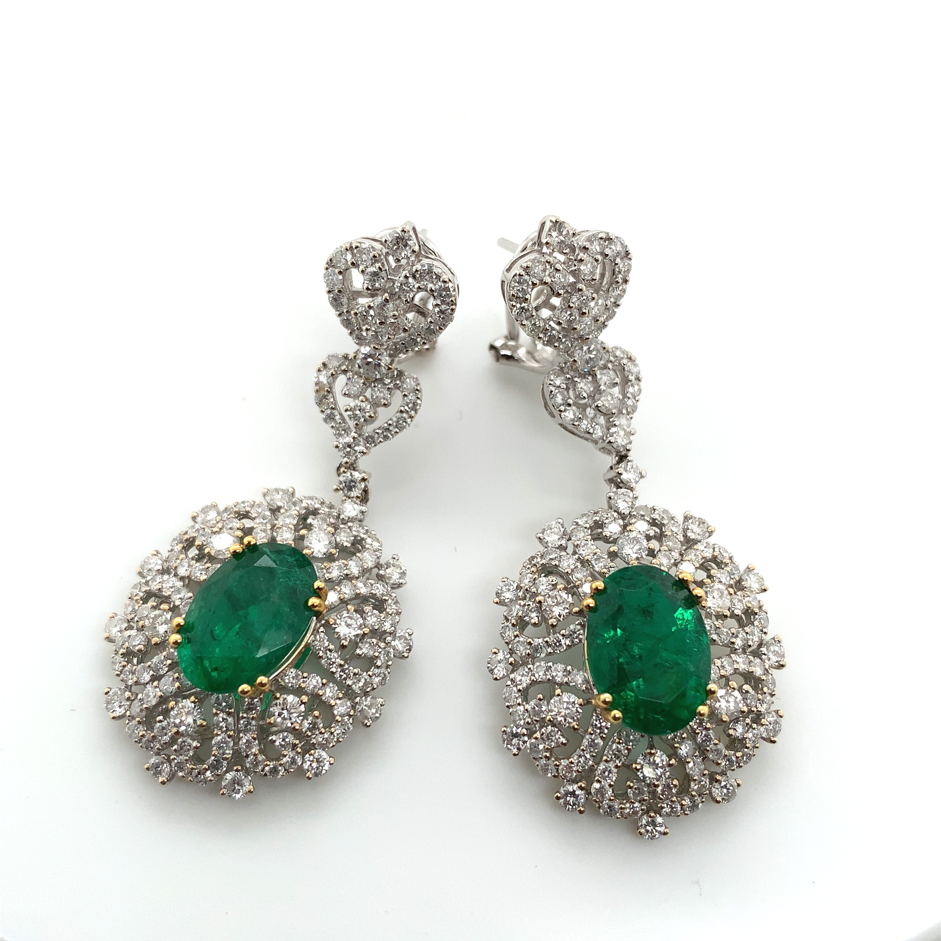 White Gold Drop Earrings with Diamond, Emerald Stones