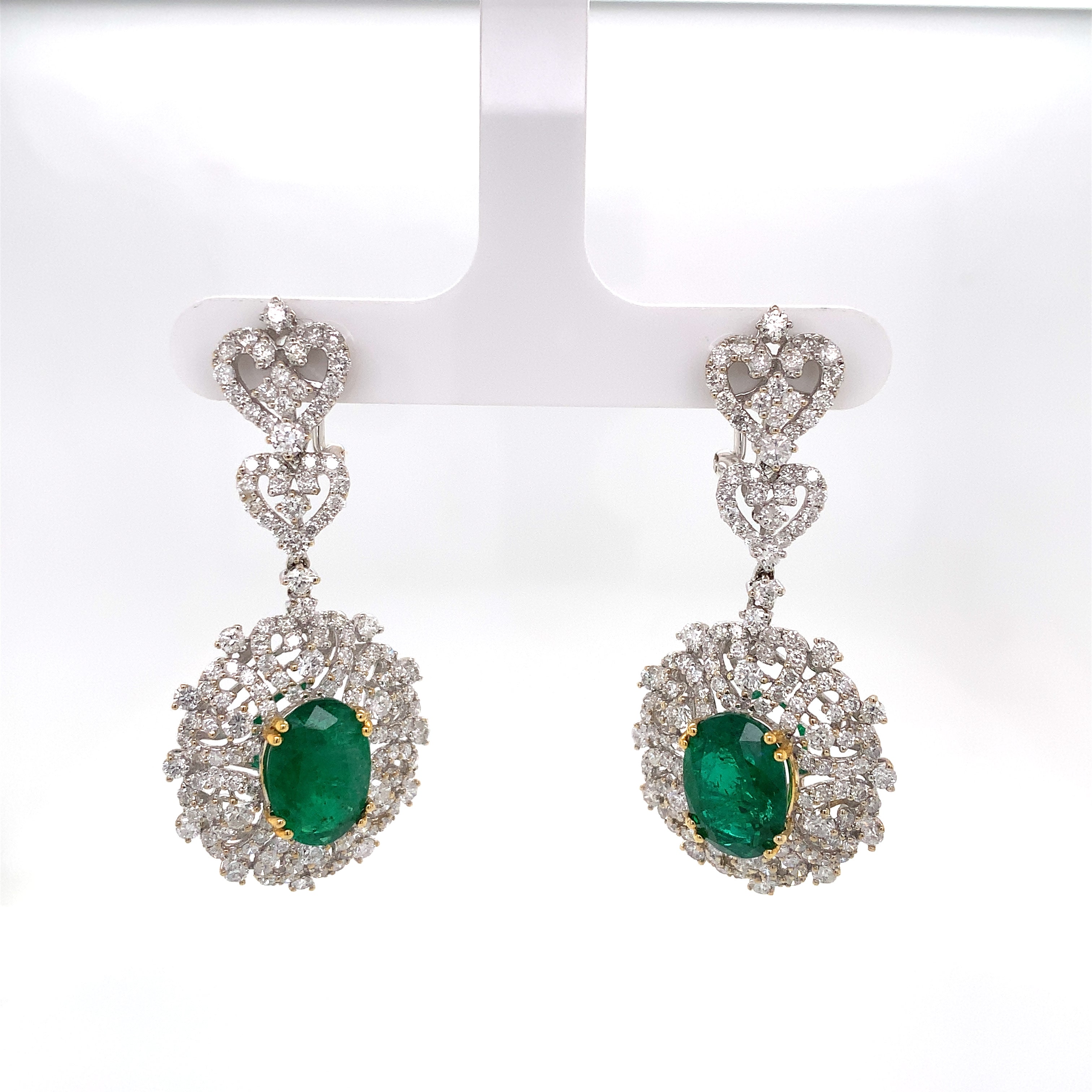 White Gold Drop Earrings with Diamond, Emerald Stones