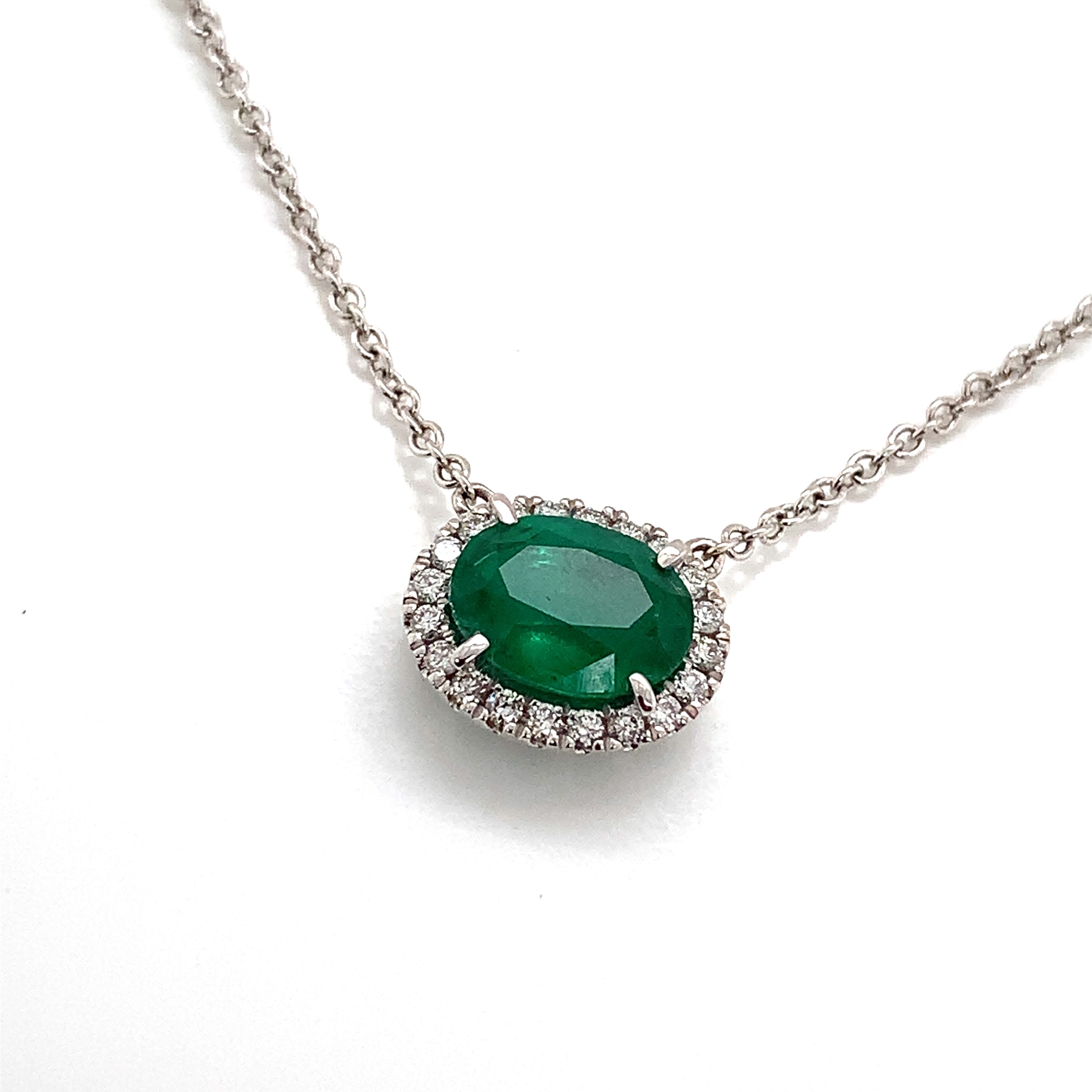 White Gold Pendant Necklace with Diamond, Emerald Stones
