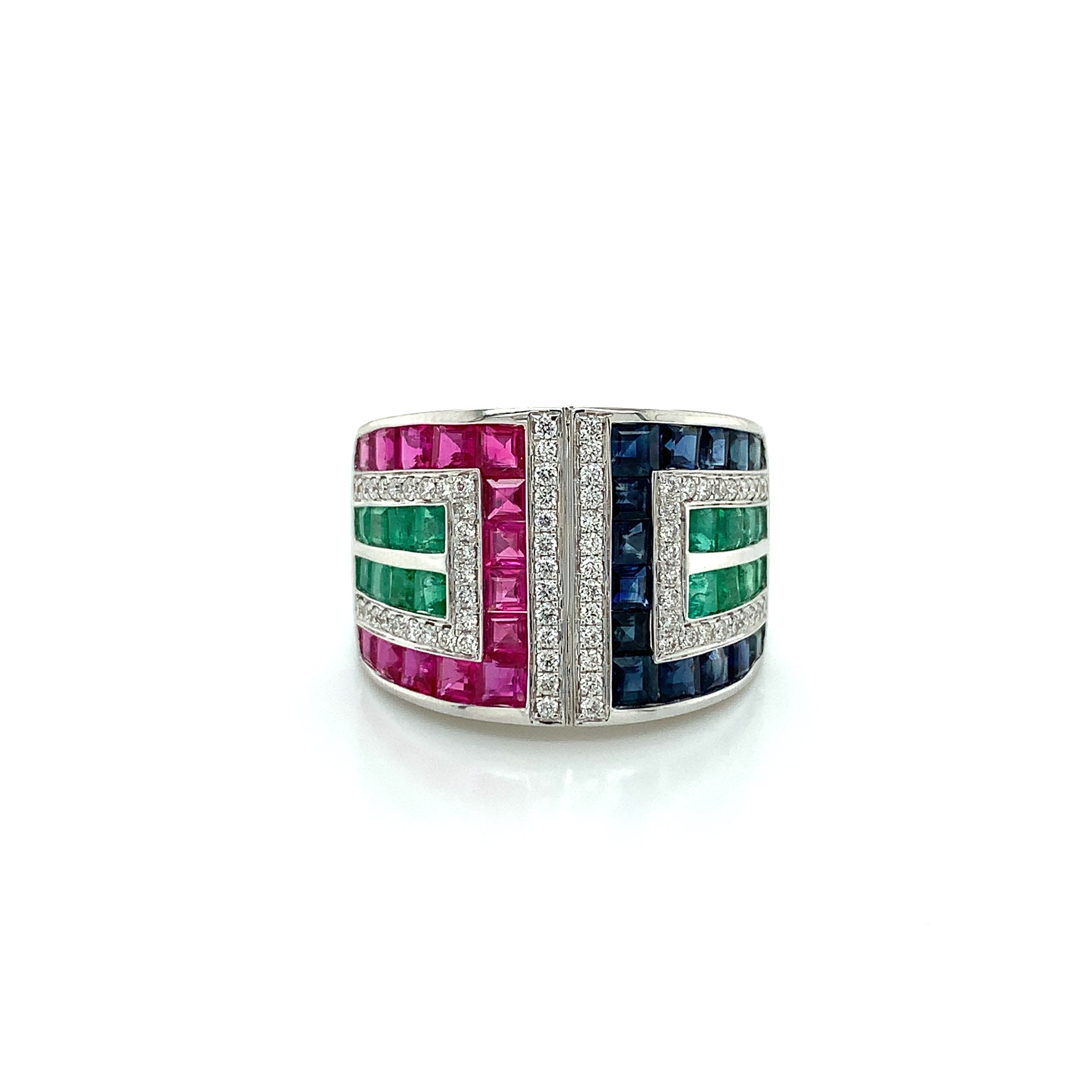 White Gold Ring with Diamond, Emerald, Ruby, Sapphire Stones