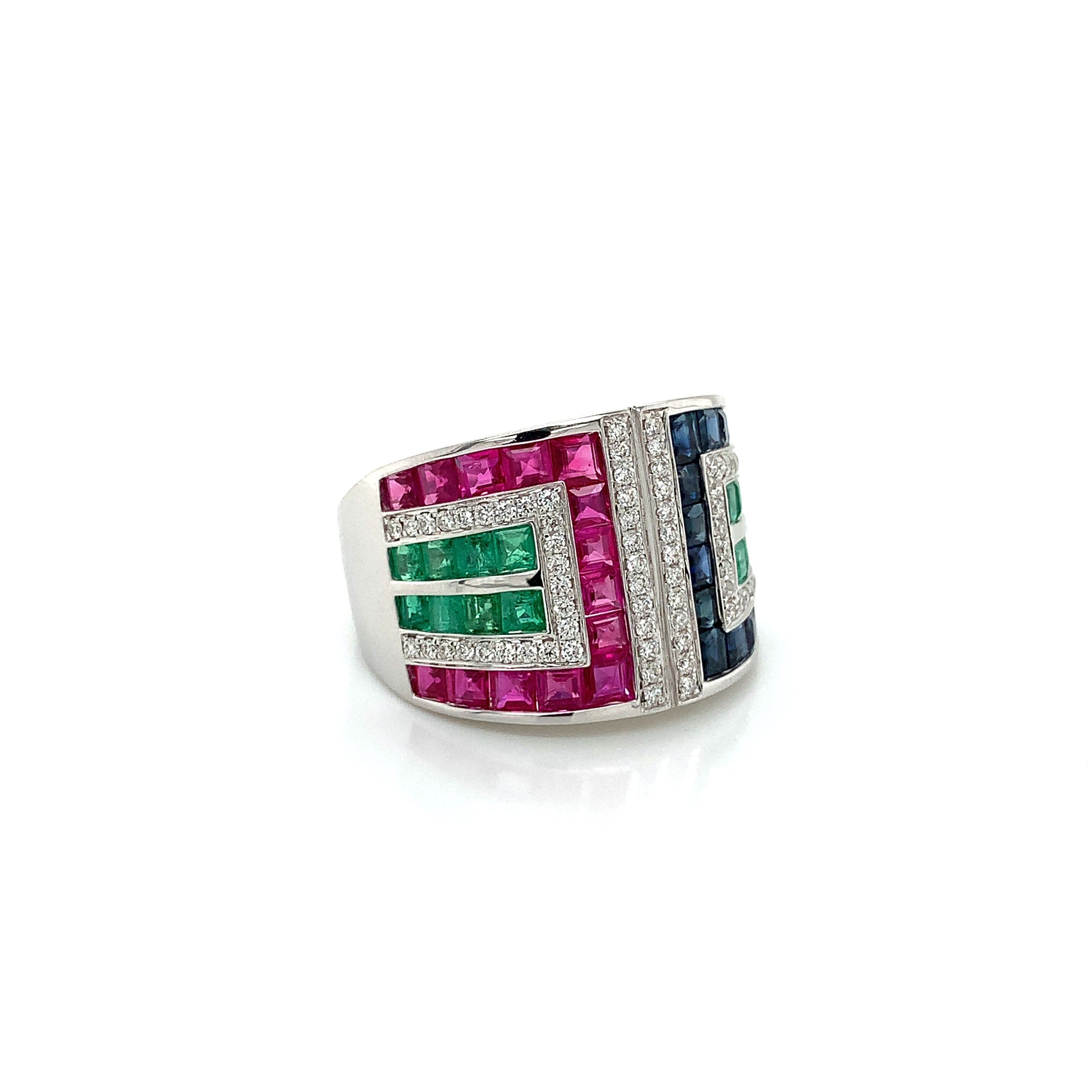 White Gold Ring with Diamond, Emerald, Ruby, Sapphire Stones