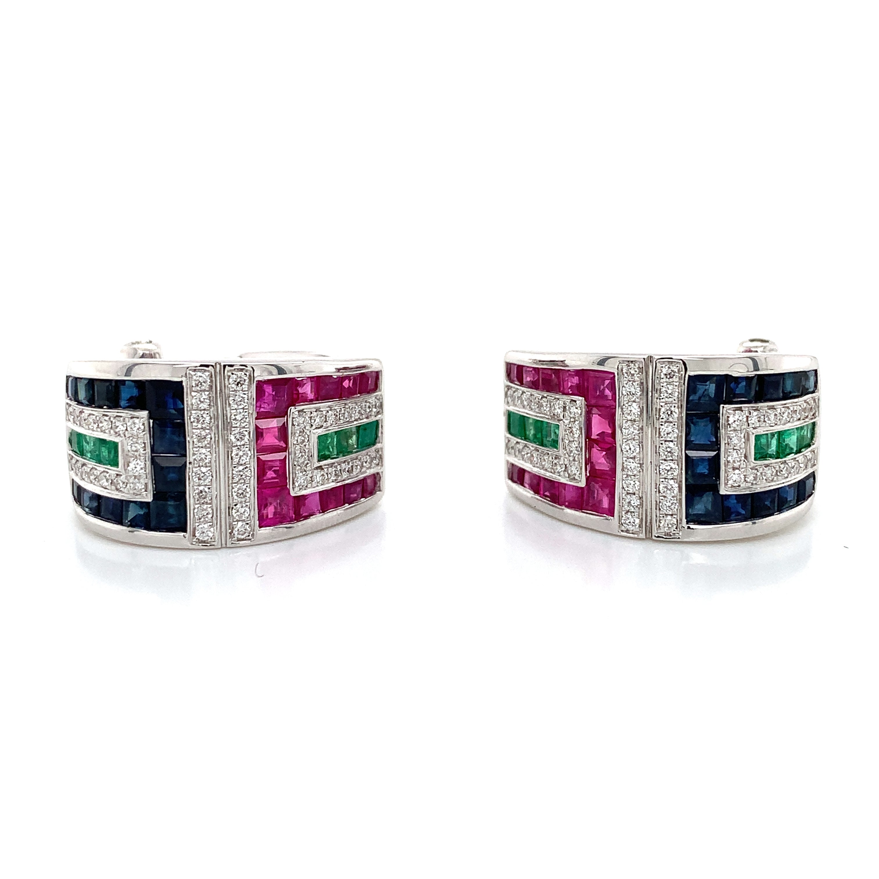 White Gold Hoop Earrings with Diamond, Emerald, Ruby, Sapphire Stones
