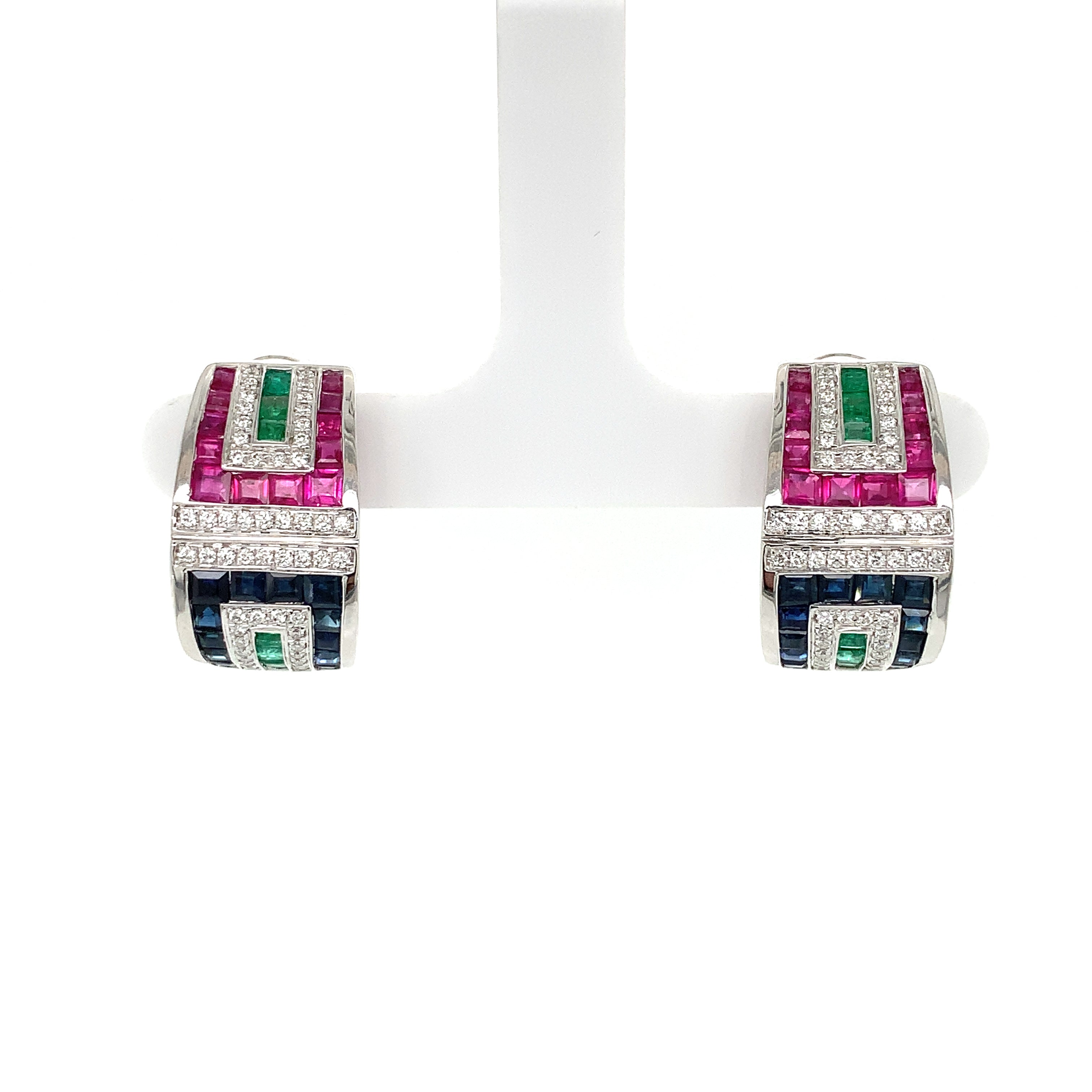 White Gold Hoop Earrings with Diamond, Emerald, Ruby, Sapphire Stones