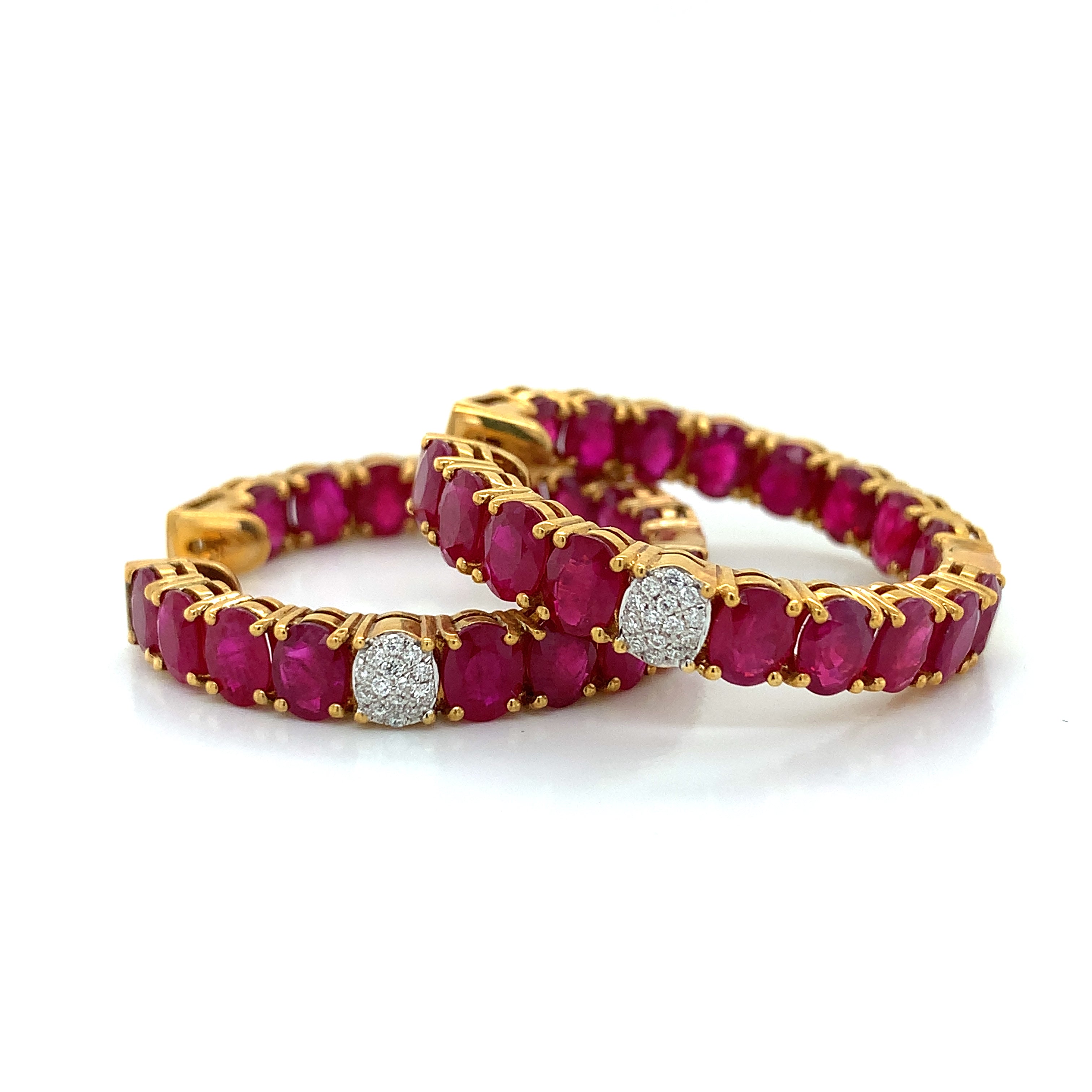 Yellow Gold Hoop Earrings with Diamond, Ruby Stones