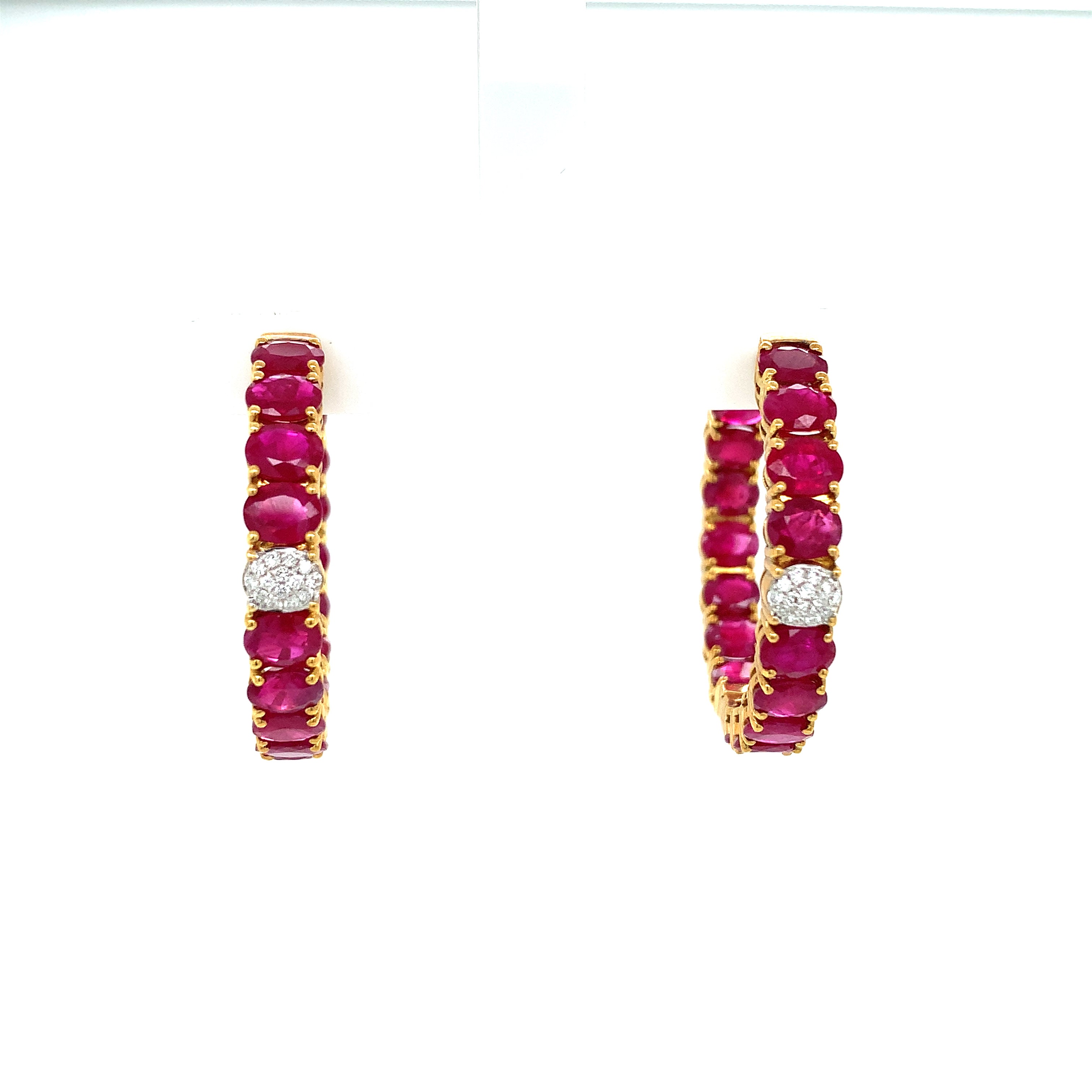 Yellow Gold Hoop Earrings with Diamond, Ruby Stones