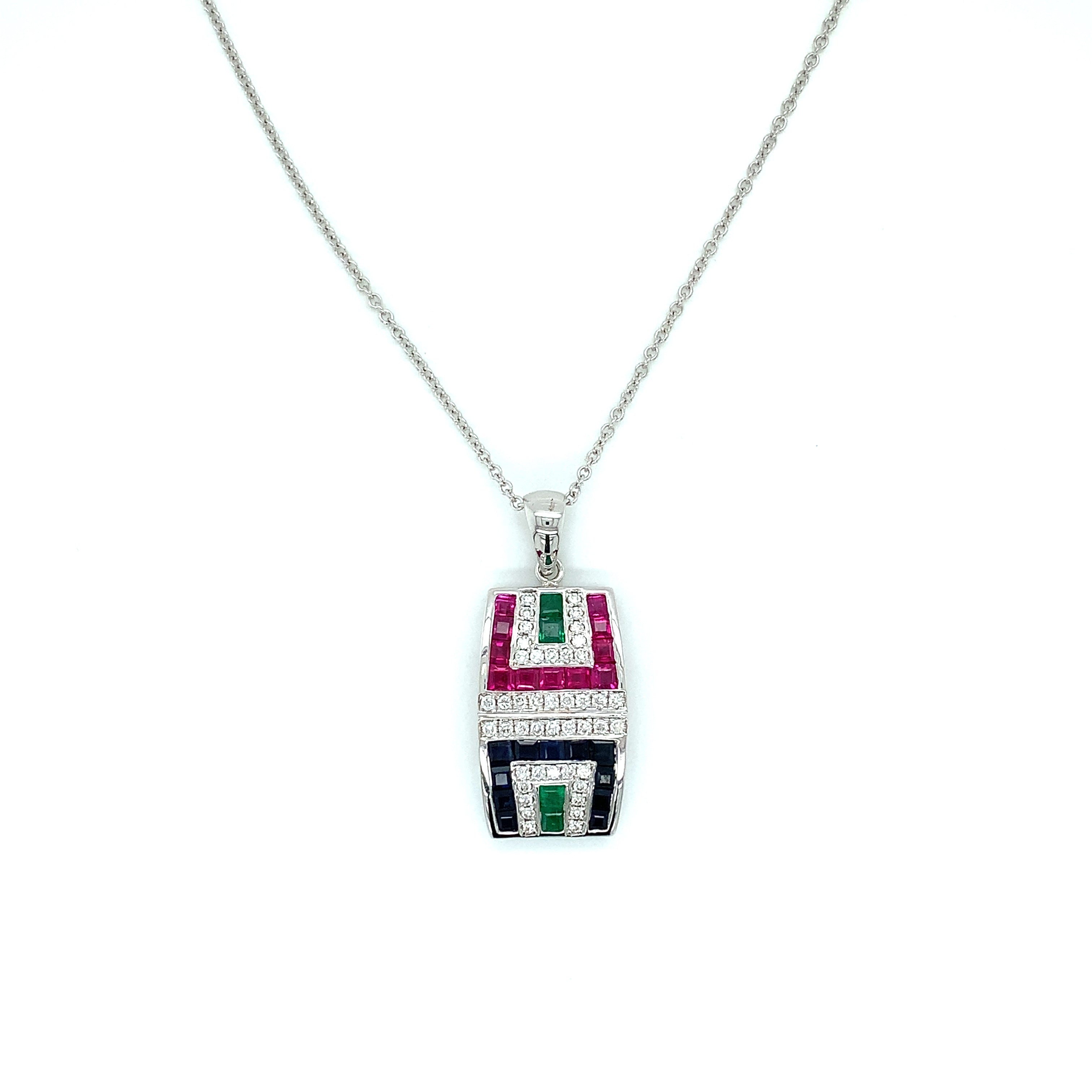 White Gold Pendant Necklace with Diamond, Emerald, Ruby, Sapphire Stones