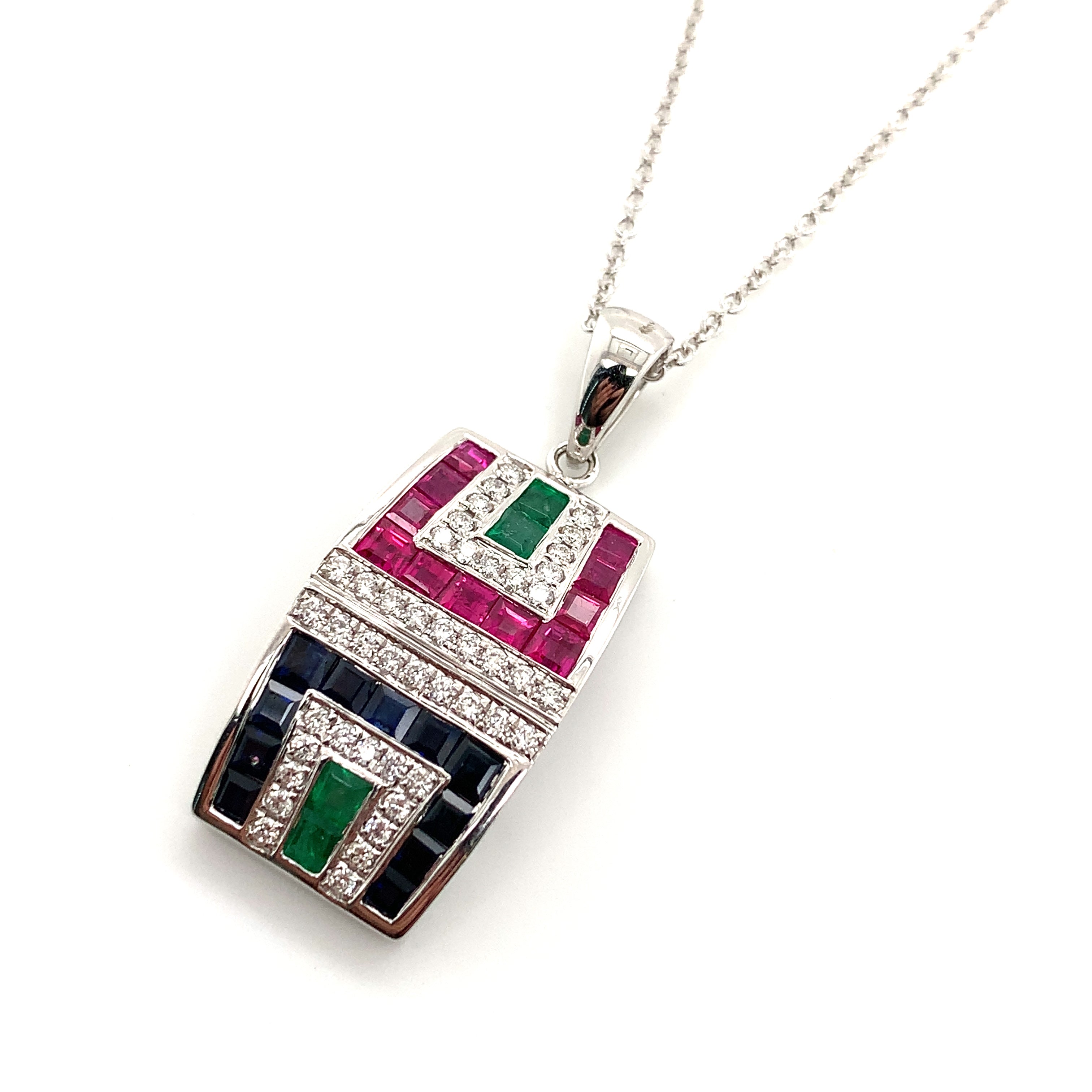 White Gold Pendant Necklace with Diamond, Emerald, Ruby, Sapphire Stones