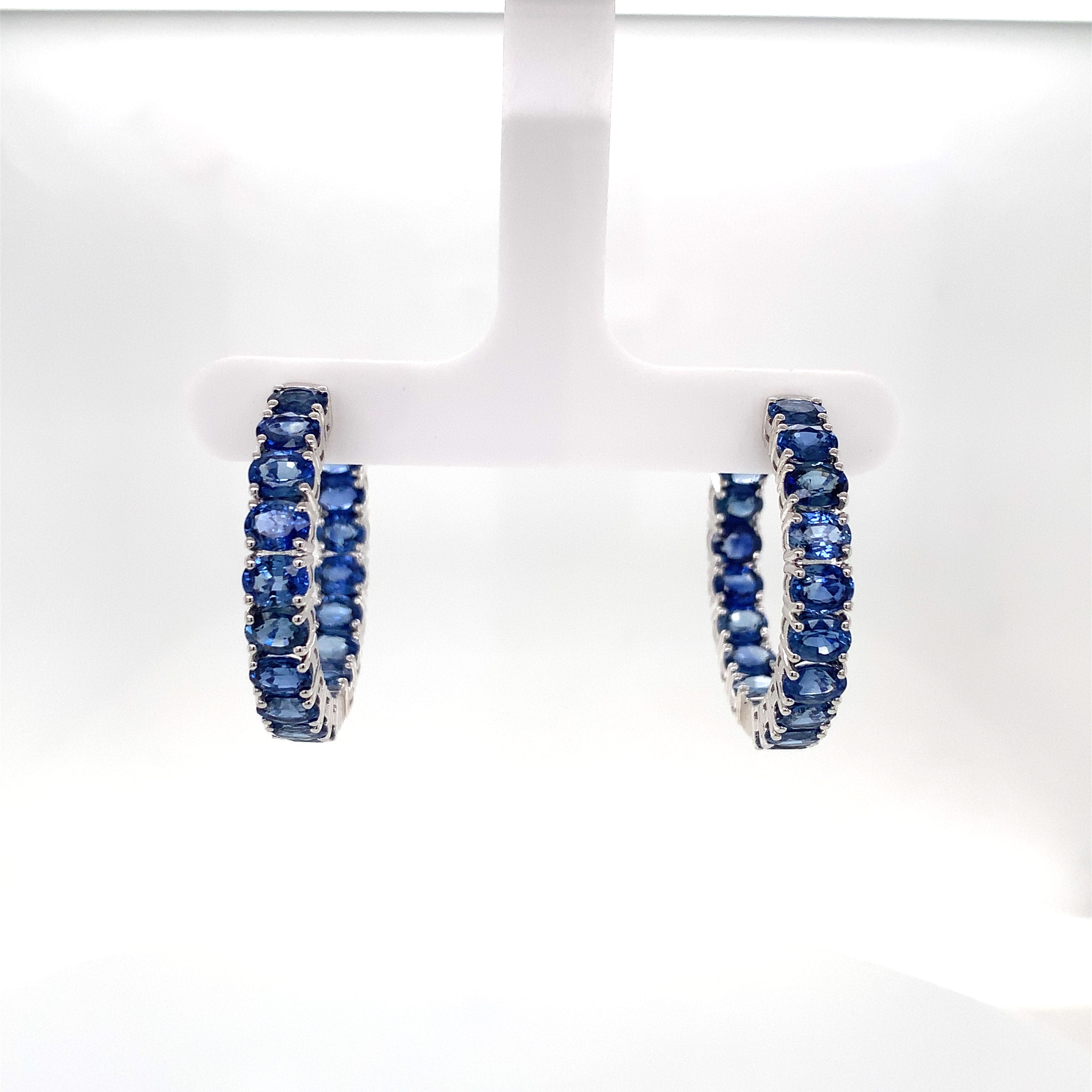 White Gold Hoop Earrings with Sapphire Stones