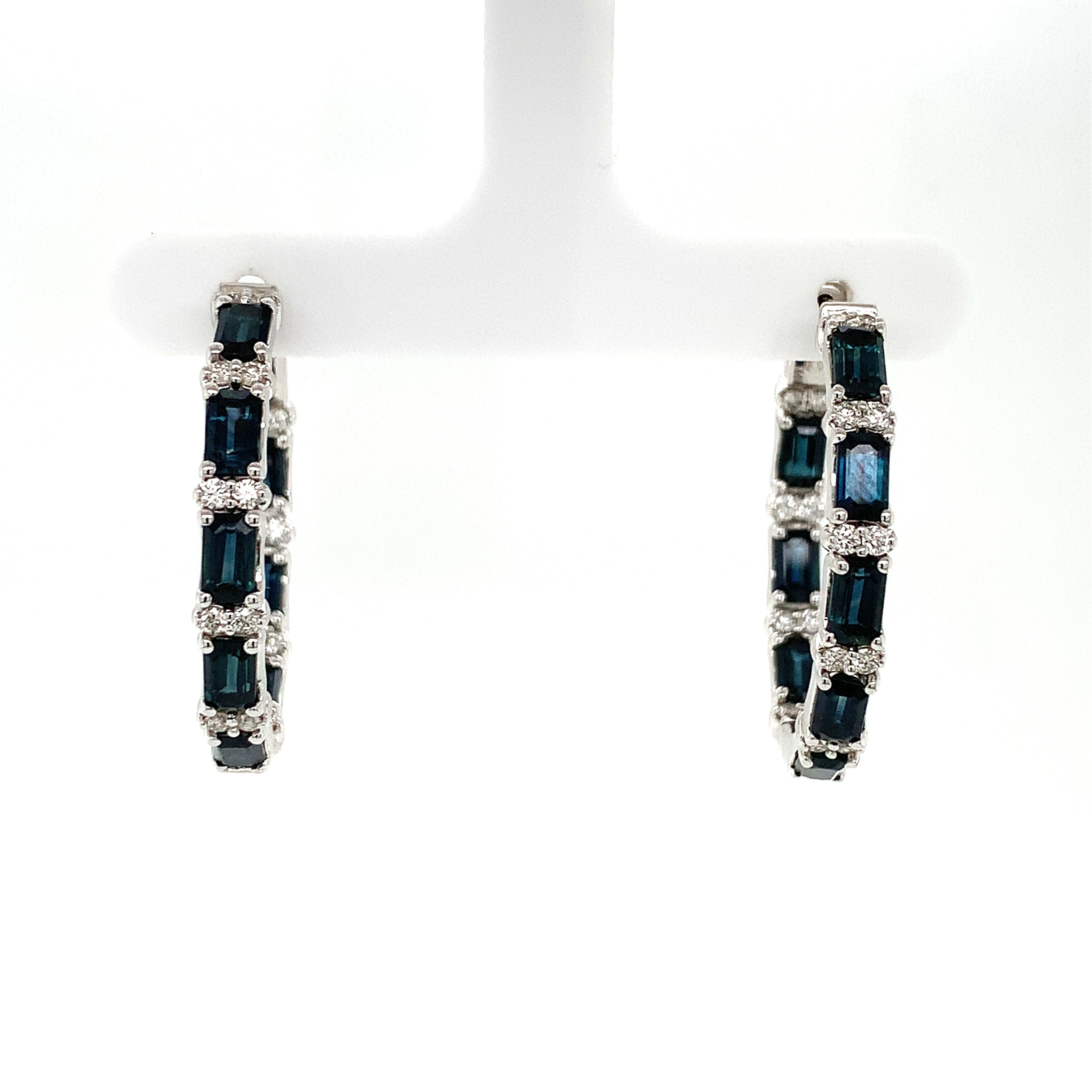 White Gold Hoop Earrings with Diamond, Sapphire Stones