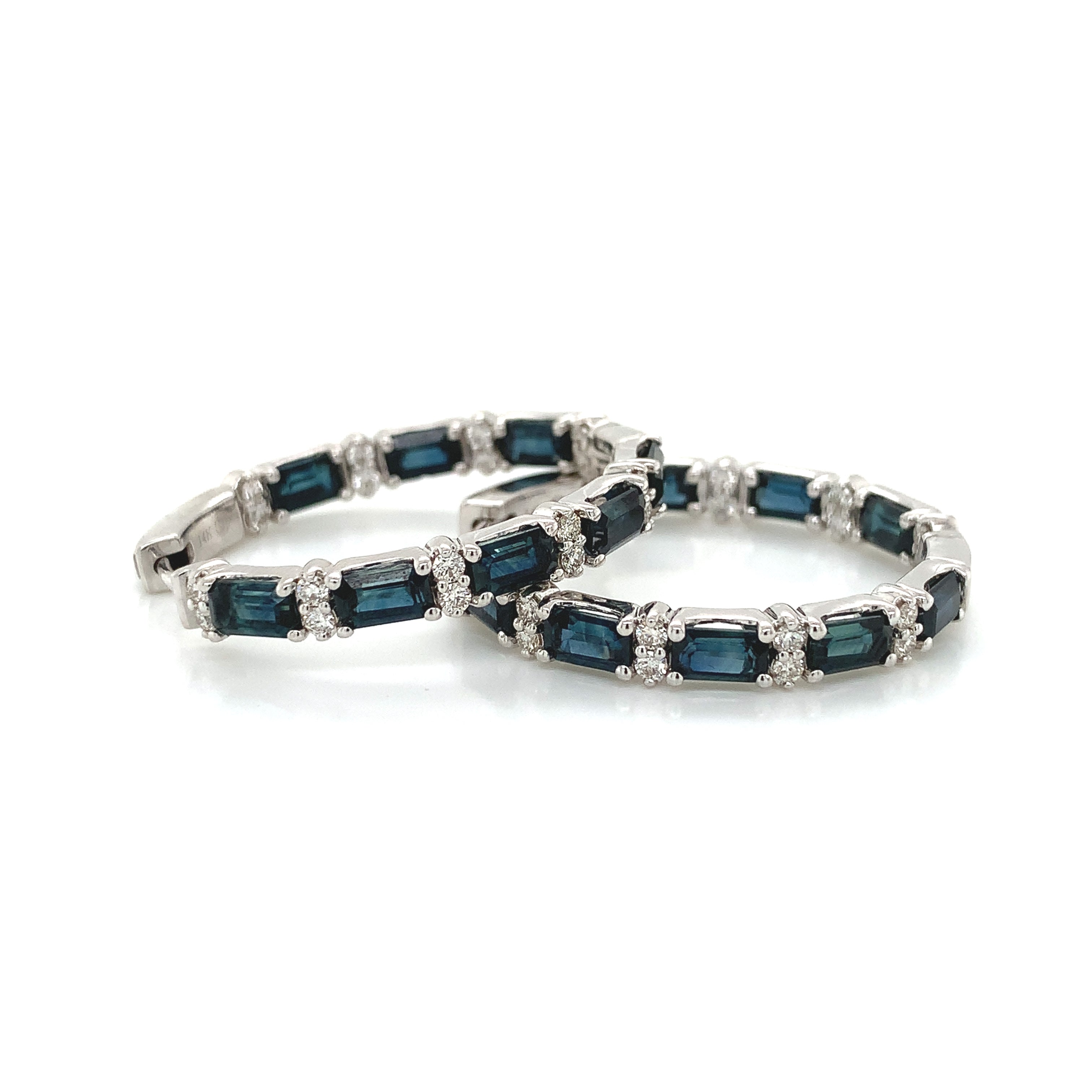 White Gold Hoop Earrings with Diamond, Sapphire Stones