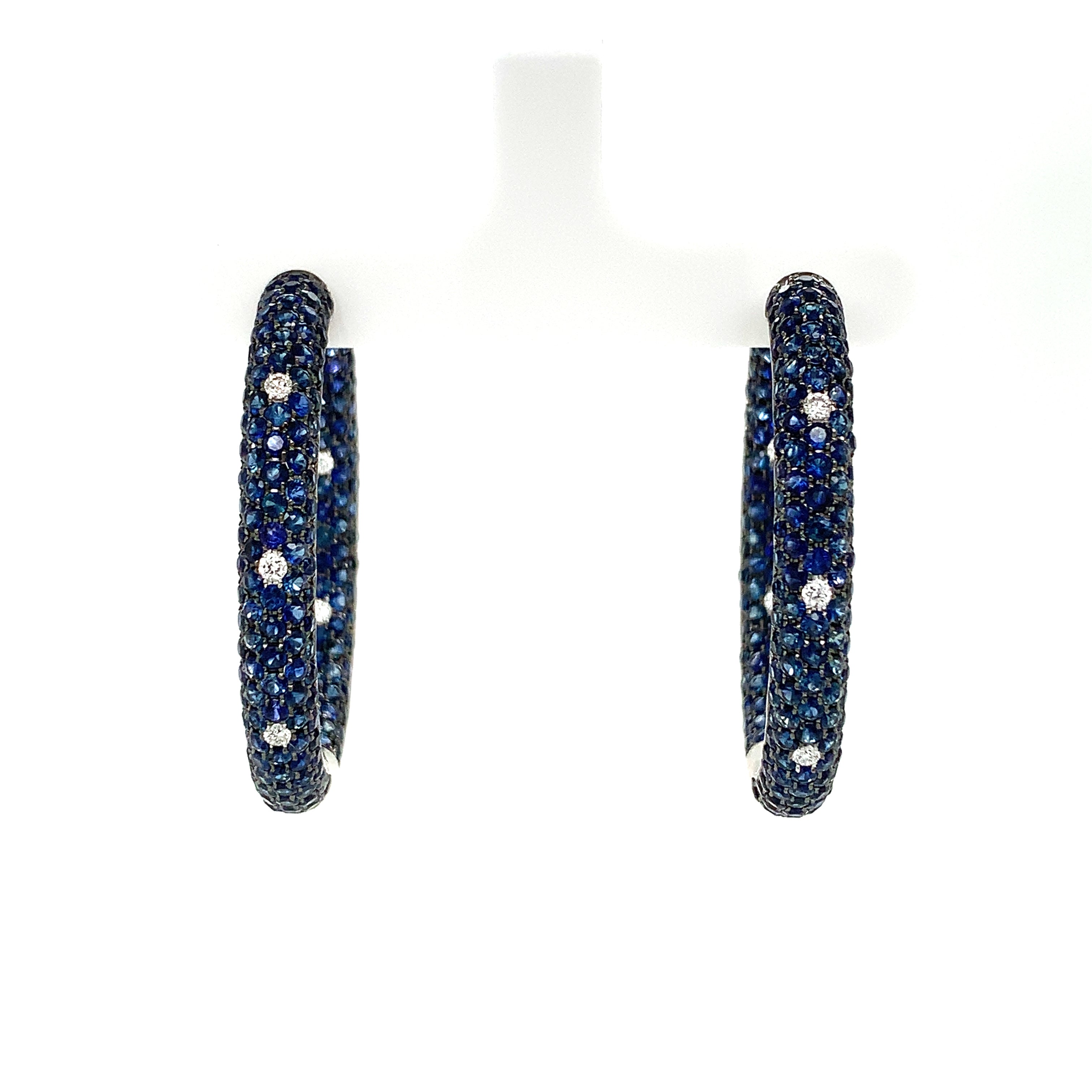 White Gold Hoop Earrings with Diamond, Sapphire Stones