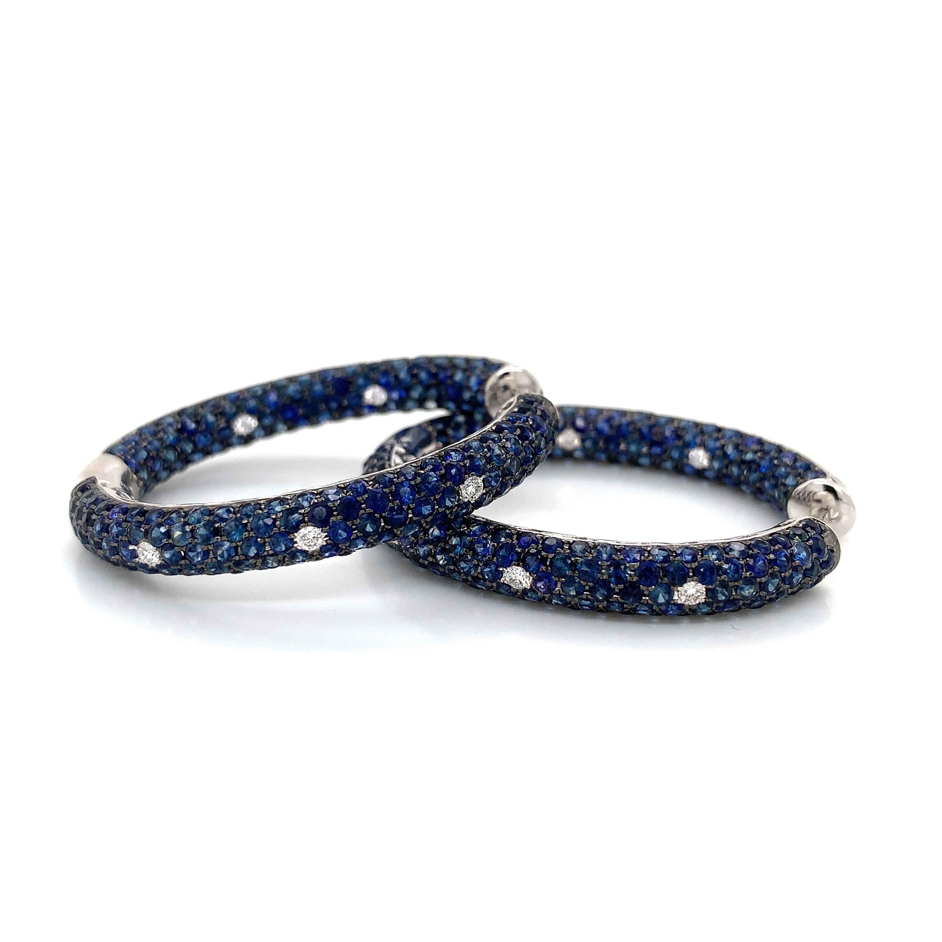 White Gold Hoop Earrings with Diamond, Sapphire Stones