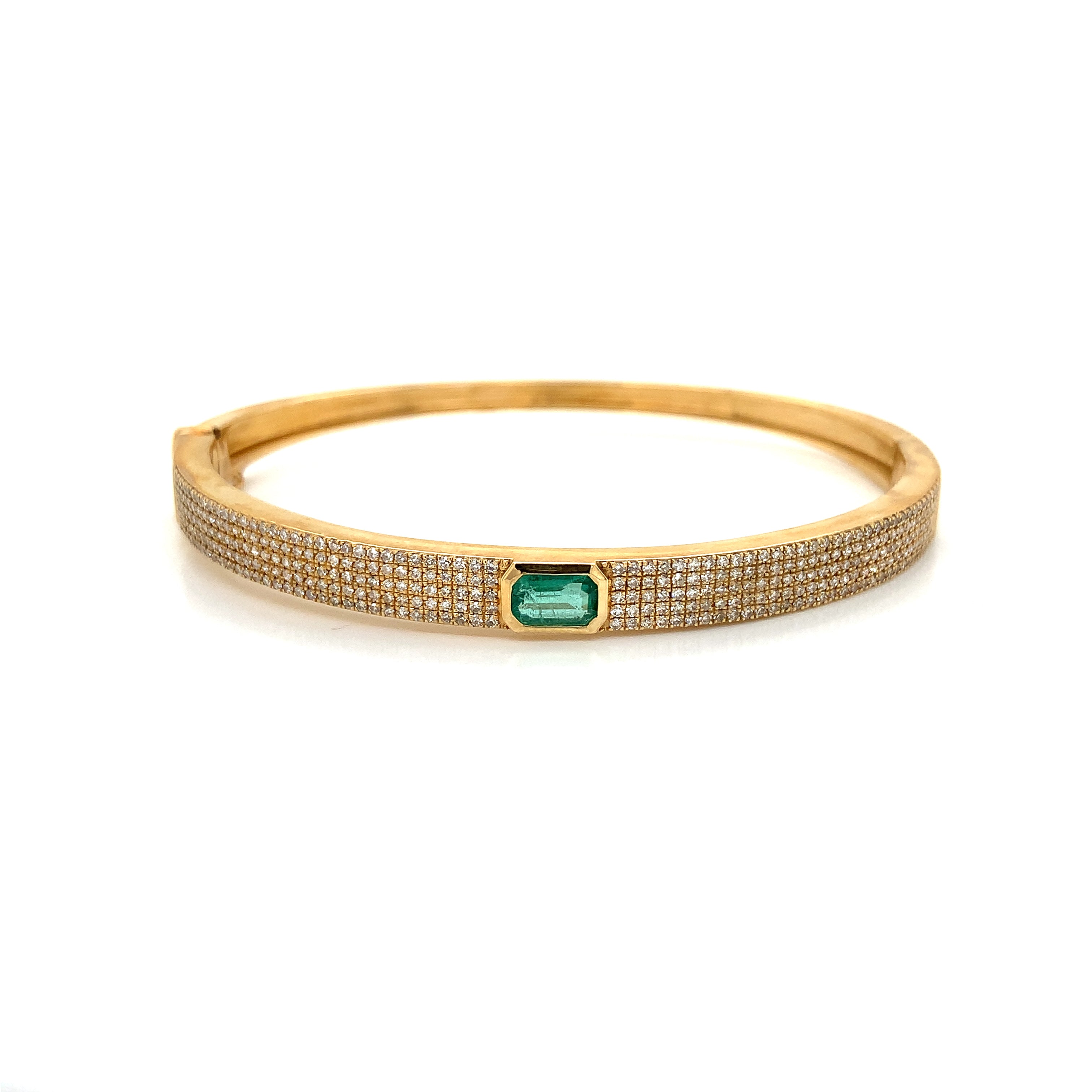 Yellow Gold Bangle Bracelet with Diamond, Emerald Stones