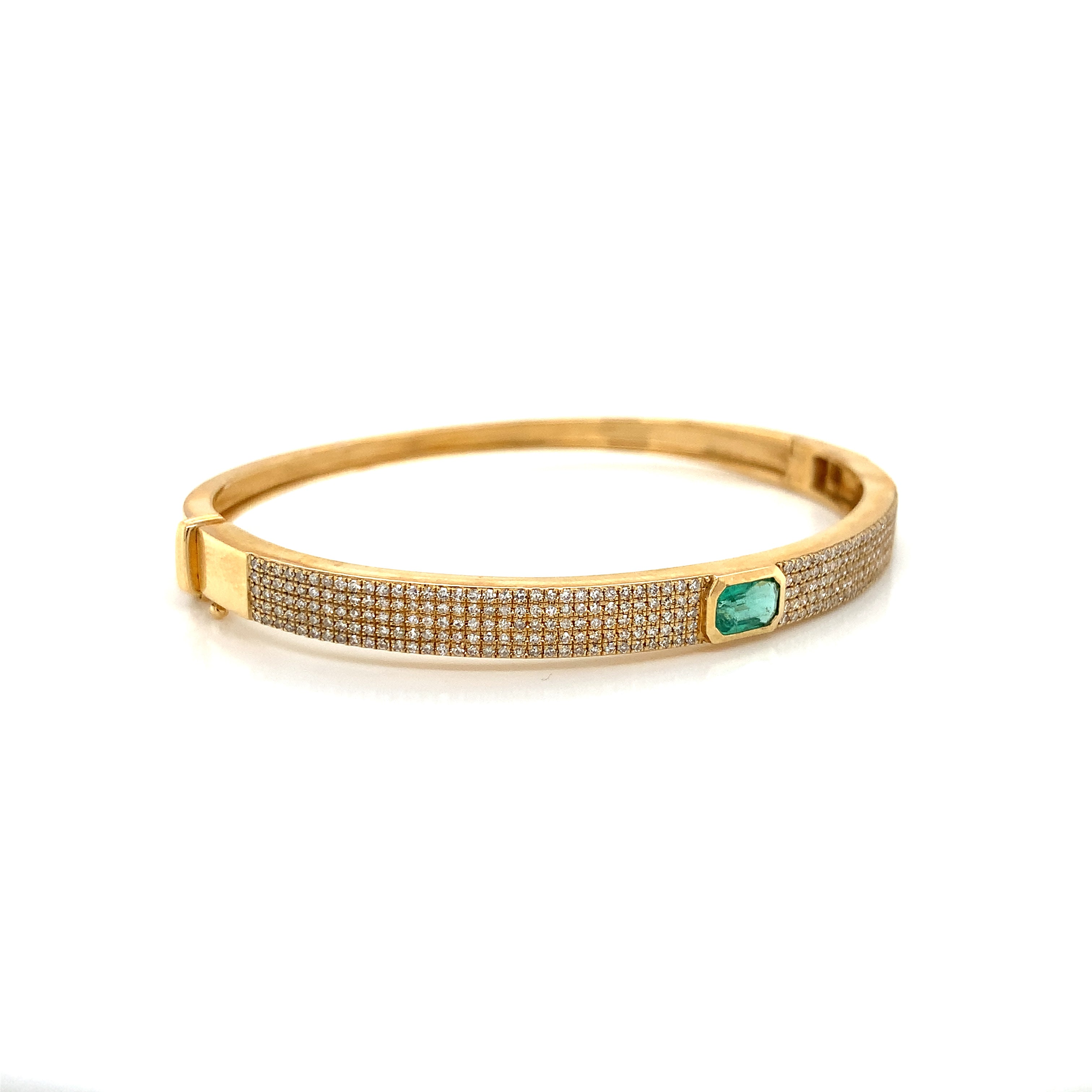 Yellow Gold Bangle Bracelet with Diamond, Emerald Stones