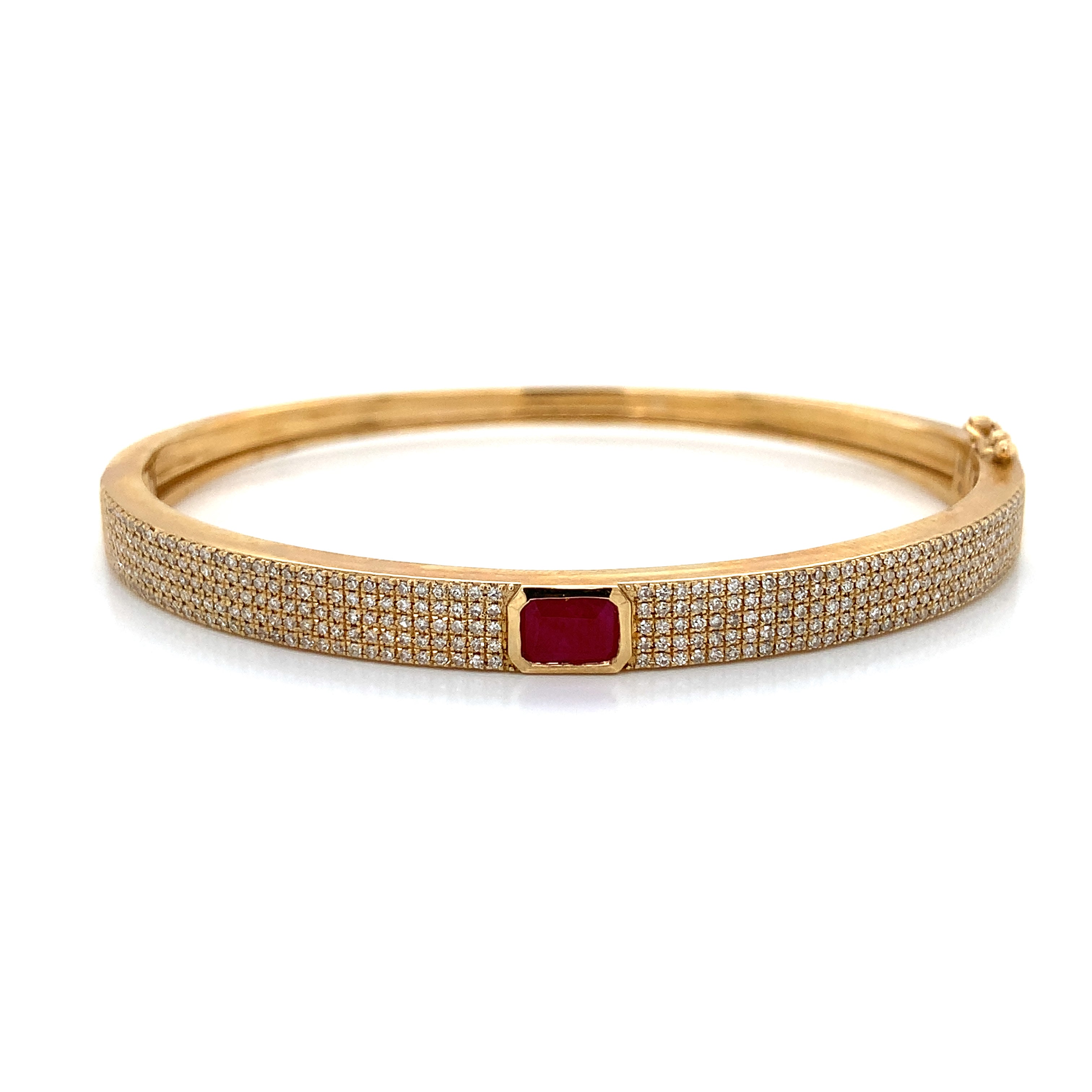 Yellow Gold Bangle Bracelet with Diamond, Ruby Stones