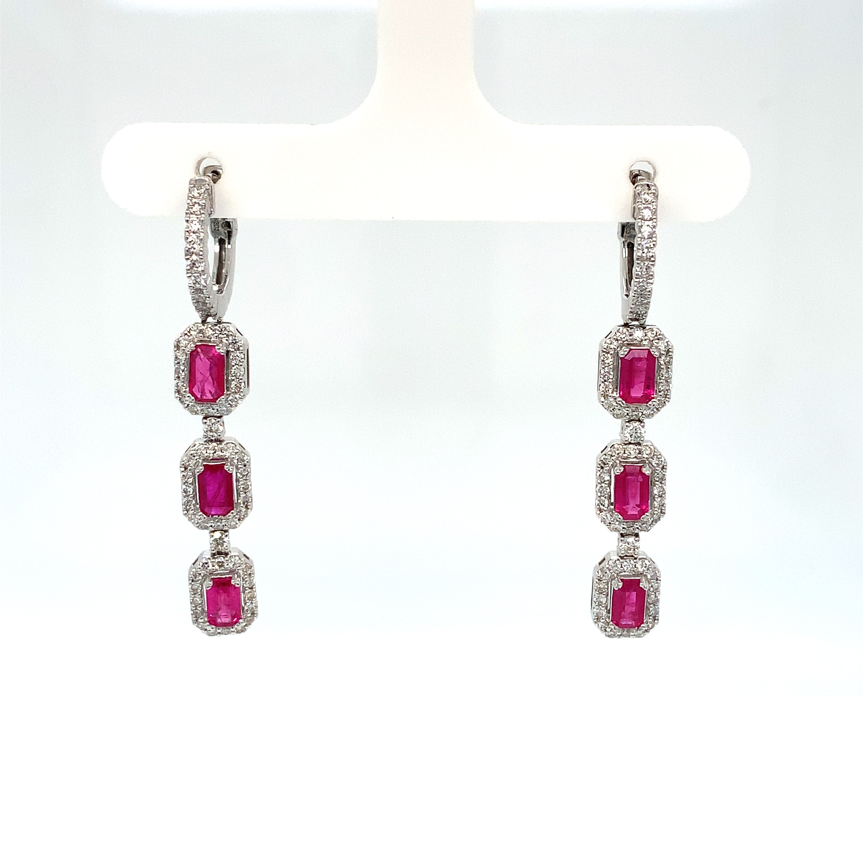 White Gold Drop Earrings with Diamond, Ruby Stones