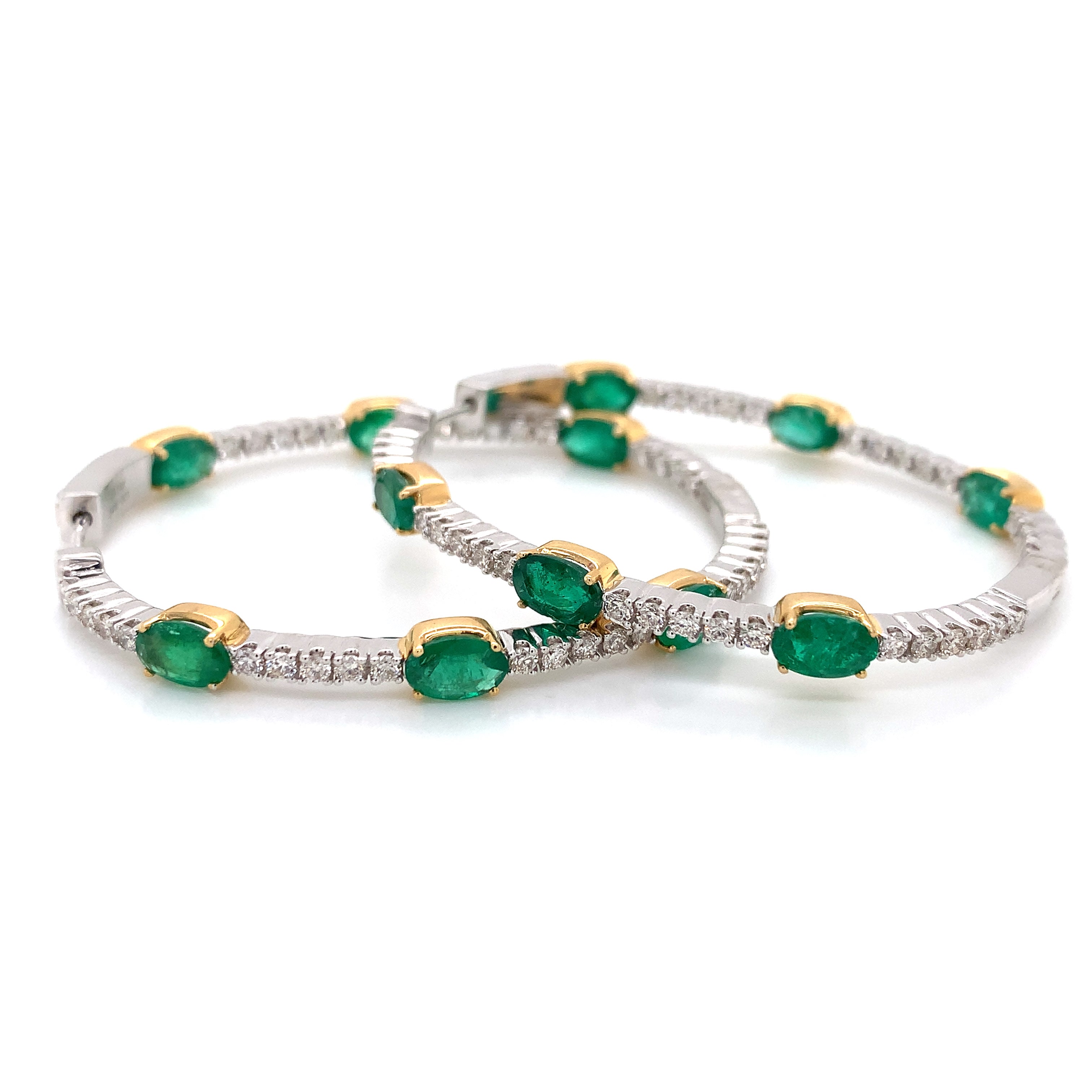 Yellow Gold White Gold Hoop Earrings with Diamond, Emerald Stones