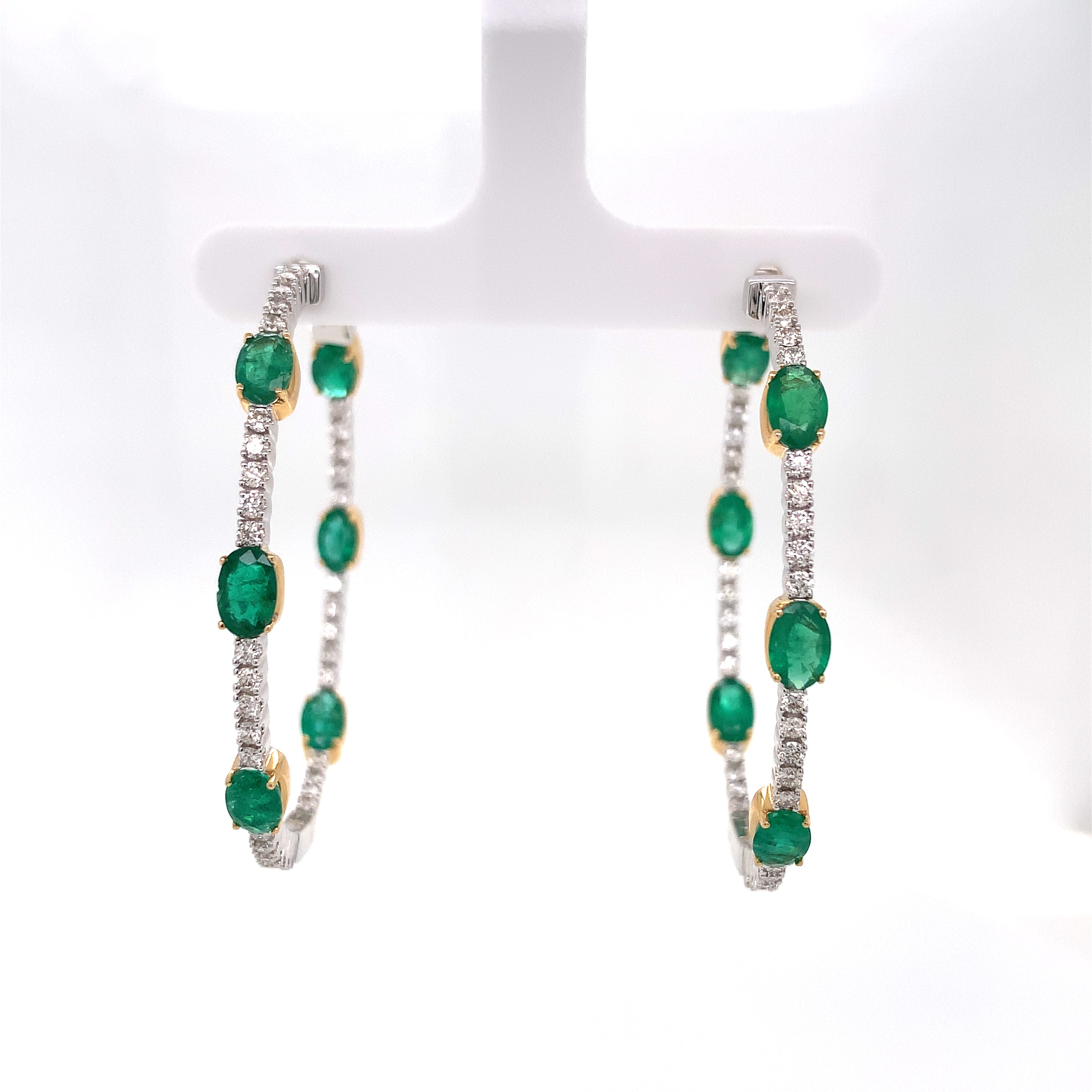 Yellow Gold White Gold Hoop Earrings with Diamond, Emerald Stones