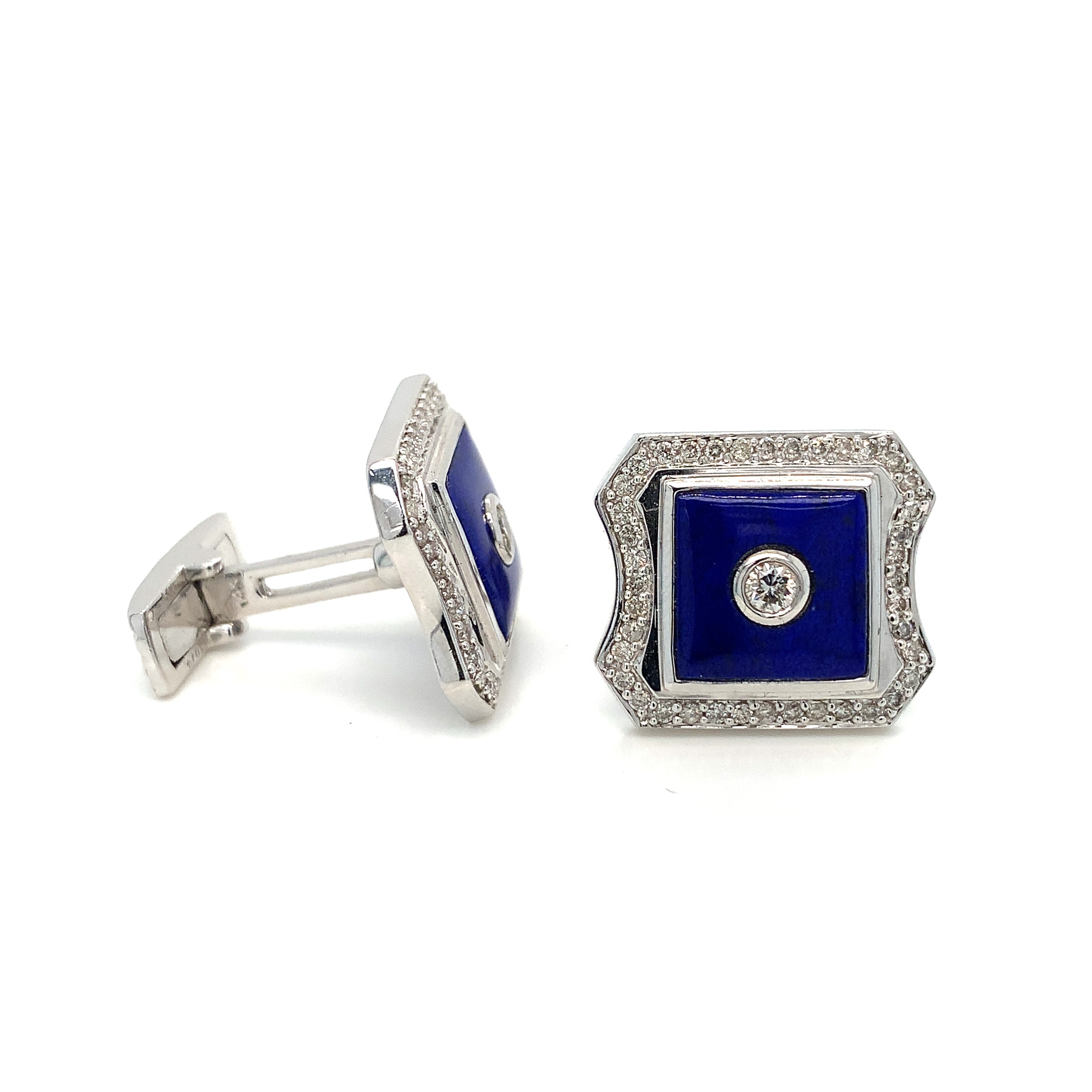 White Gold Cufflinks with Diamond, Lapis Stones