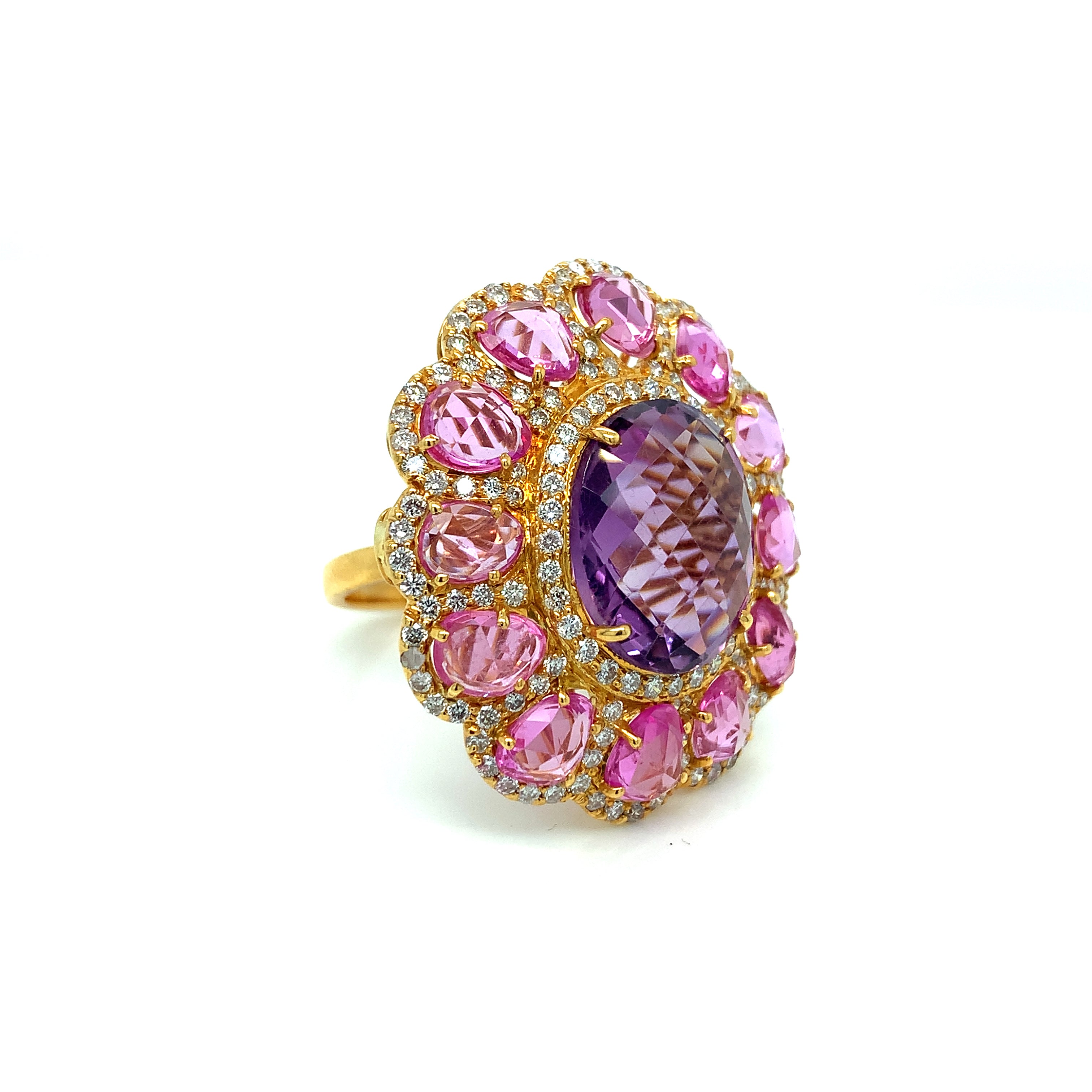 Yellow Gold Ring with Amethyst, Sapphire Stones